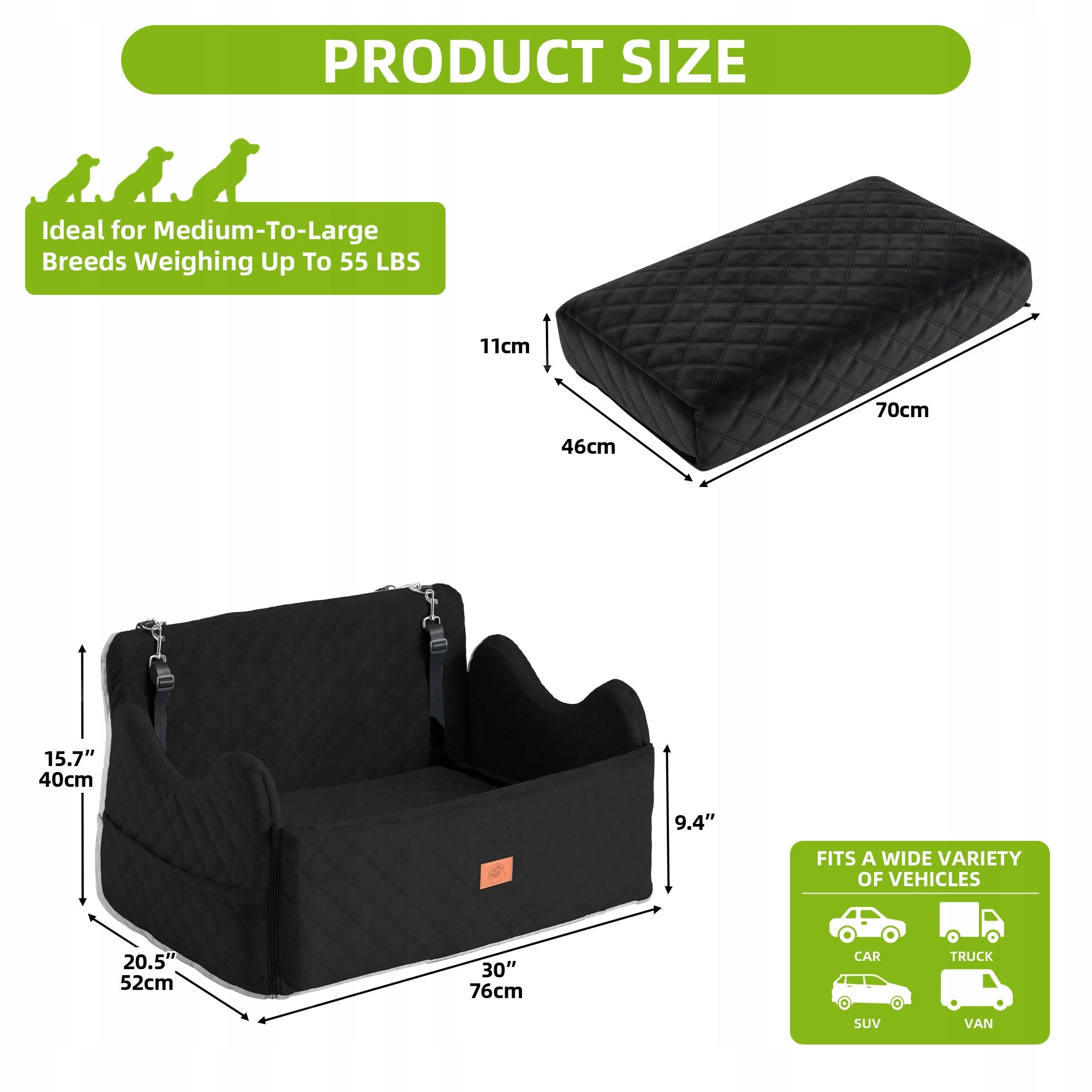 Dog Car Seat, Memory Foam, Pet Bed, 2 Safety Belts,Storage Bag, 76cm, Black Brand Balconera