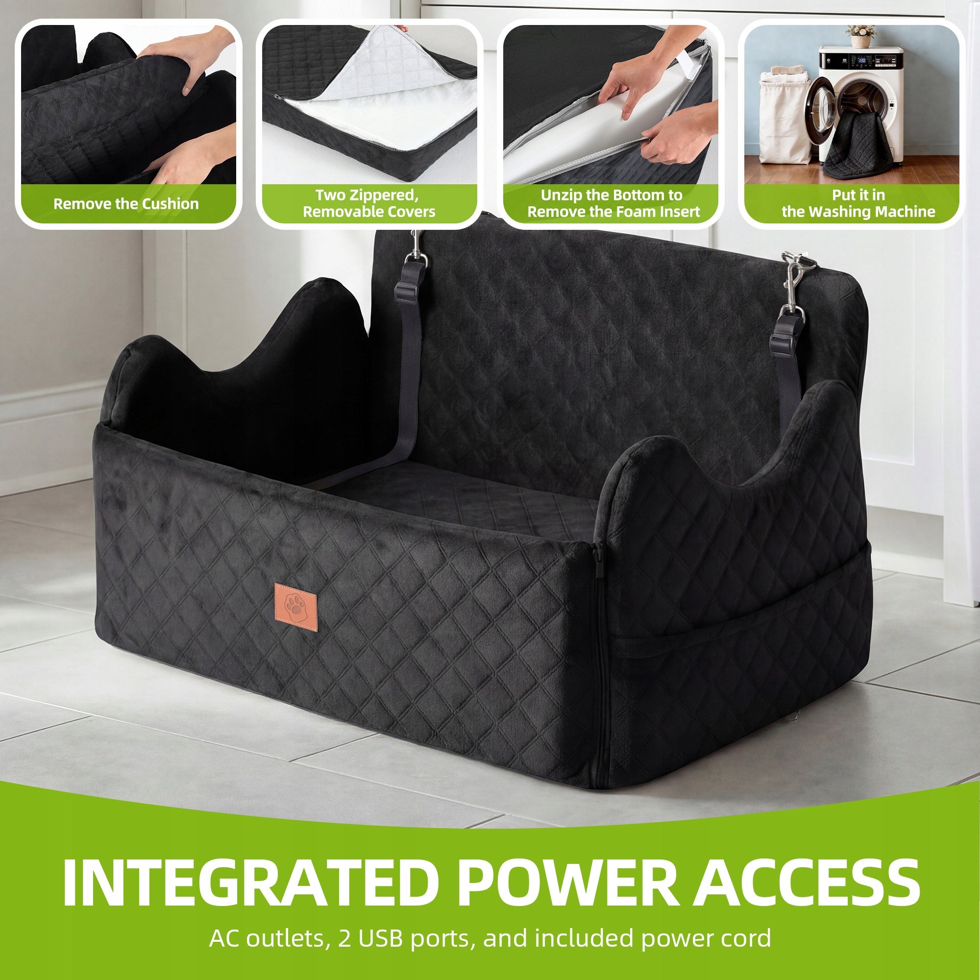 Dog Car Seat, Memory Foam, Pet Bed, 2 Safety Belts,Storage Bag, 76cm, Black Product width 76 cm