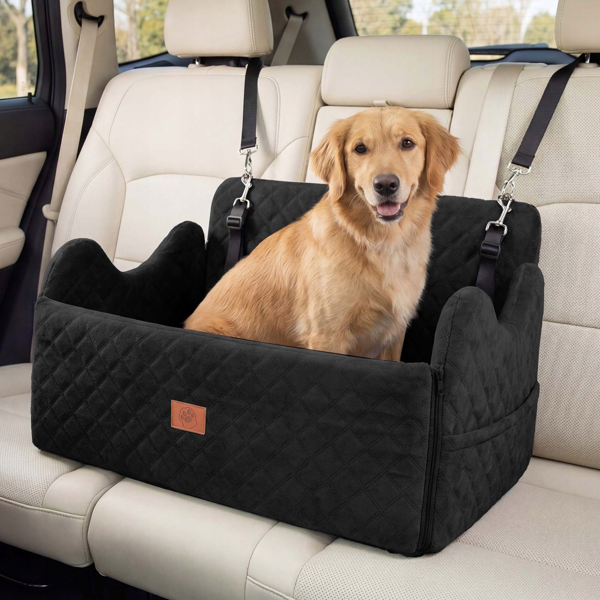 Dog Car Seat, Memory Foam, Pet Bed, 2 Safety Belts,Storage Bag, 76cm, Black