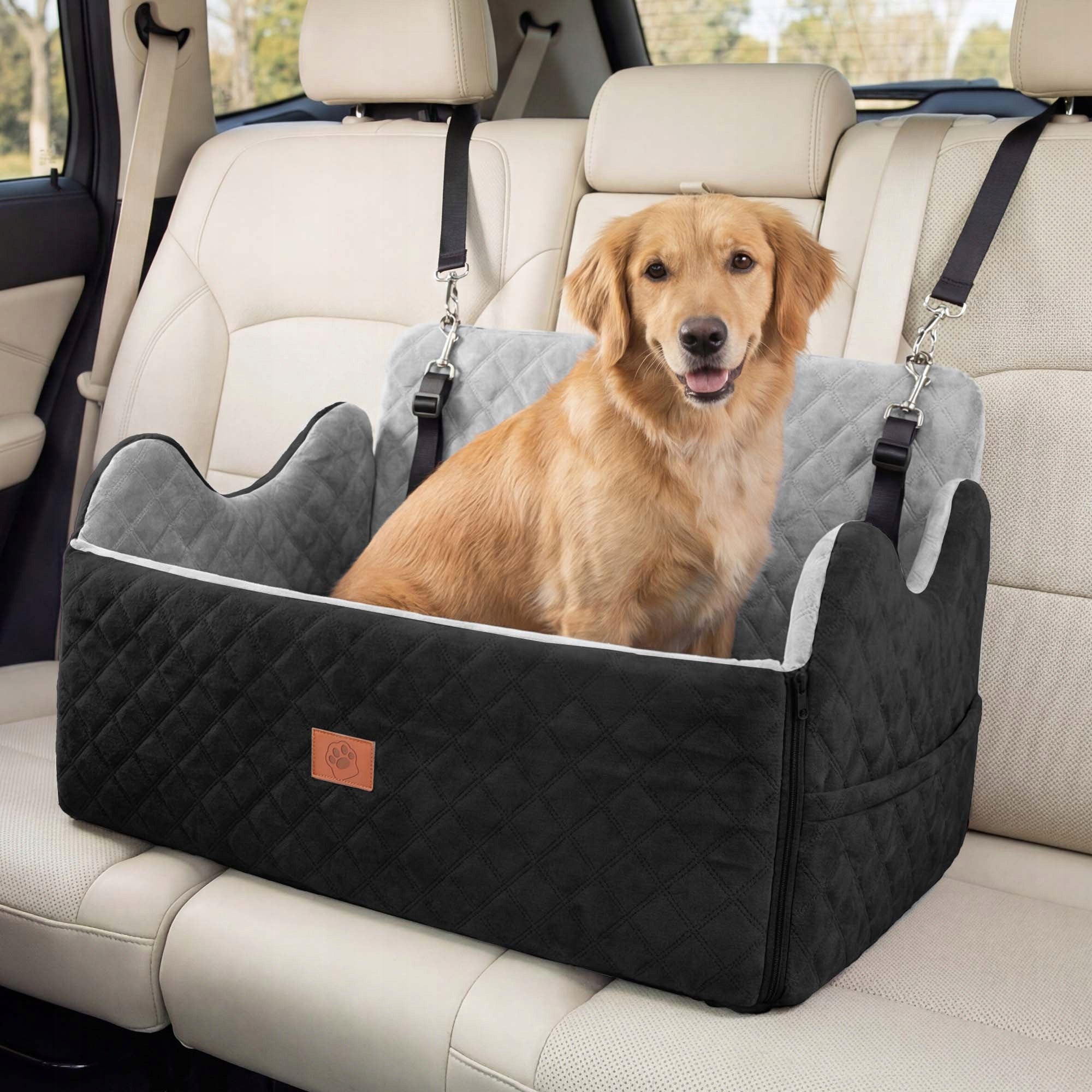 Dog Car Seat, Memory Foam, Pet Bed, 2 Safety Belts,Storage Bag, 76cm, Gray