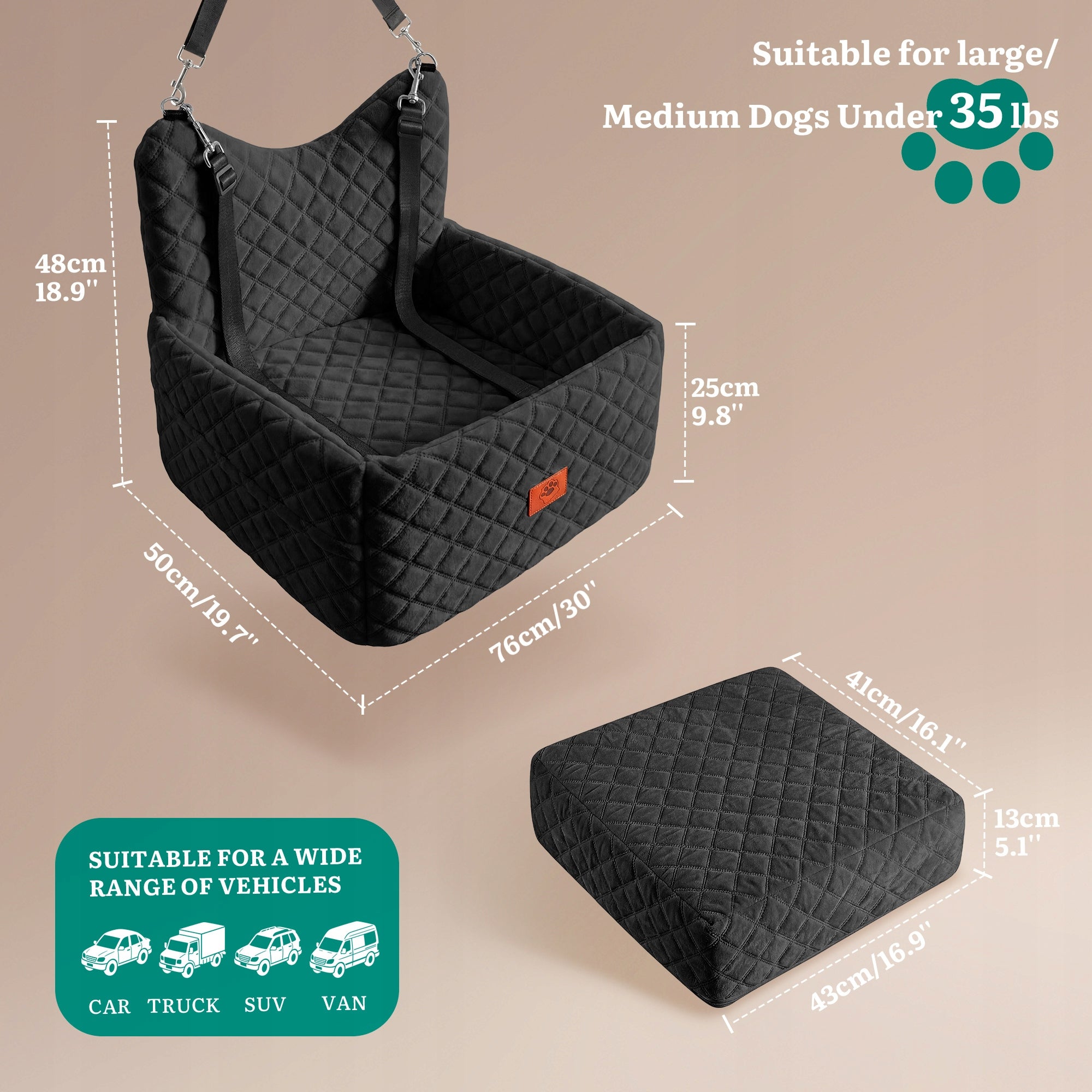 Dog Car Seat, Memory Foam, Pet Bed, 2 Safety Belts,Storage Bag, Black Brand Balconera