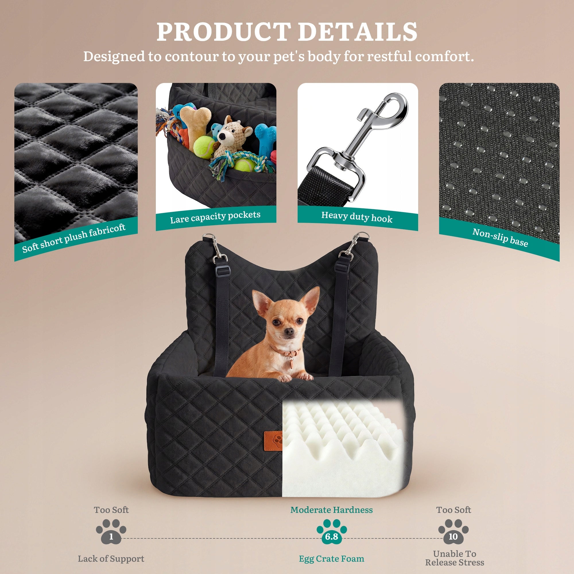 Dog Car Seat, Memory Foam, Pet Bed, 2 Safety Belts,Storage Bag, Black Size M/L