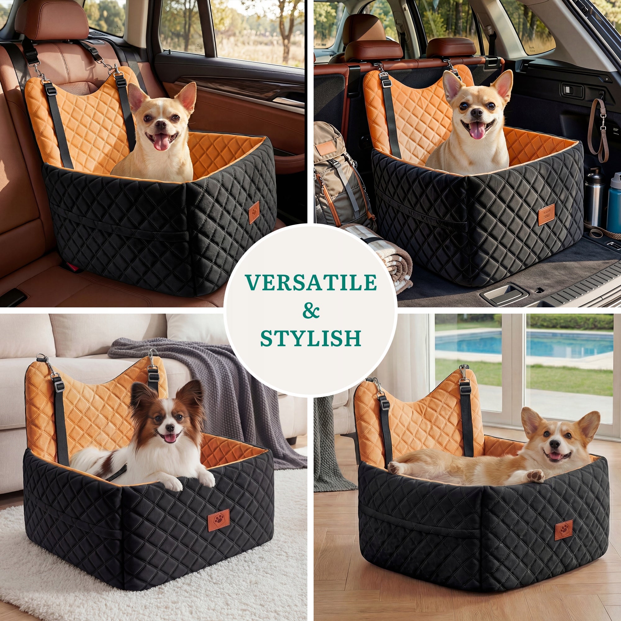 Dog Car Seat, Memory Foam, Pet Bed, 2 Safety Belts,Storage Bags, Orange Product height 48 cm