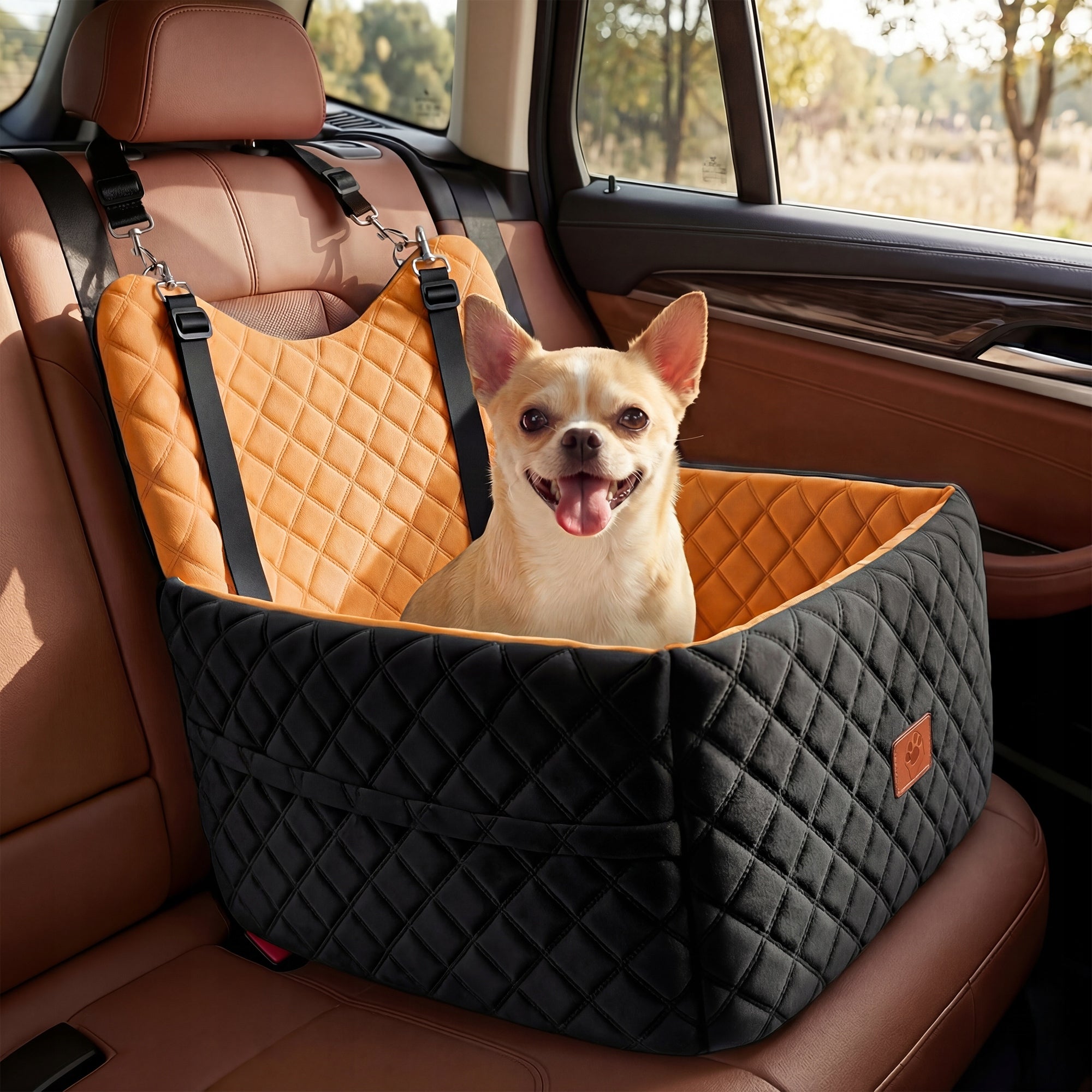 Dog Car Seat, Memory Foam, Pet Bed, 2 Safety Belts,Storage Bags, Orange
