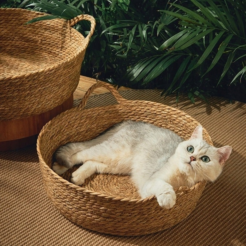 Dog Cat Bed Basket Round Braided + Soft Pillow Length 42 cm
