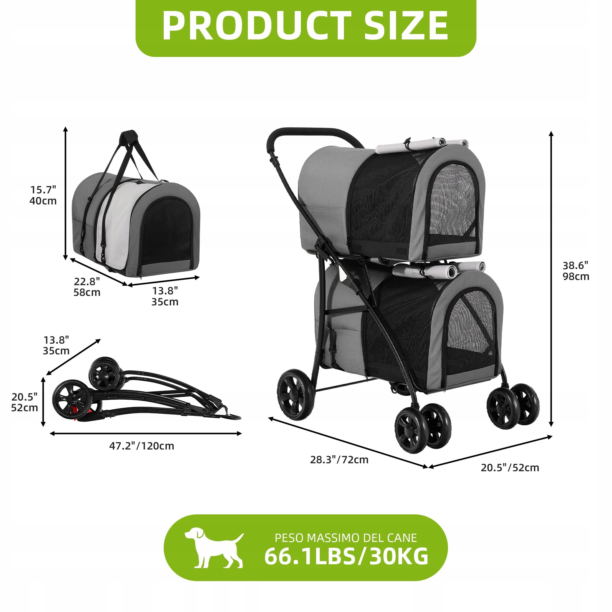 Dog and Cat Stroller, max 15kg, Foldable, Mesh Window, 82x53x98cm, Grey Brand Balconera