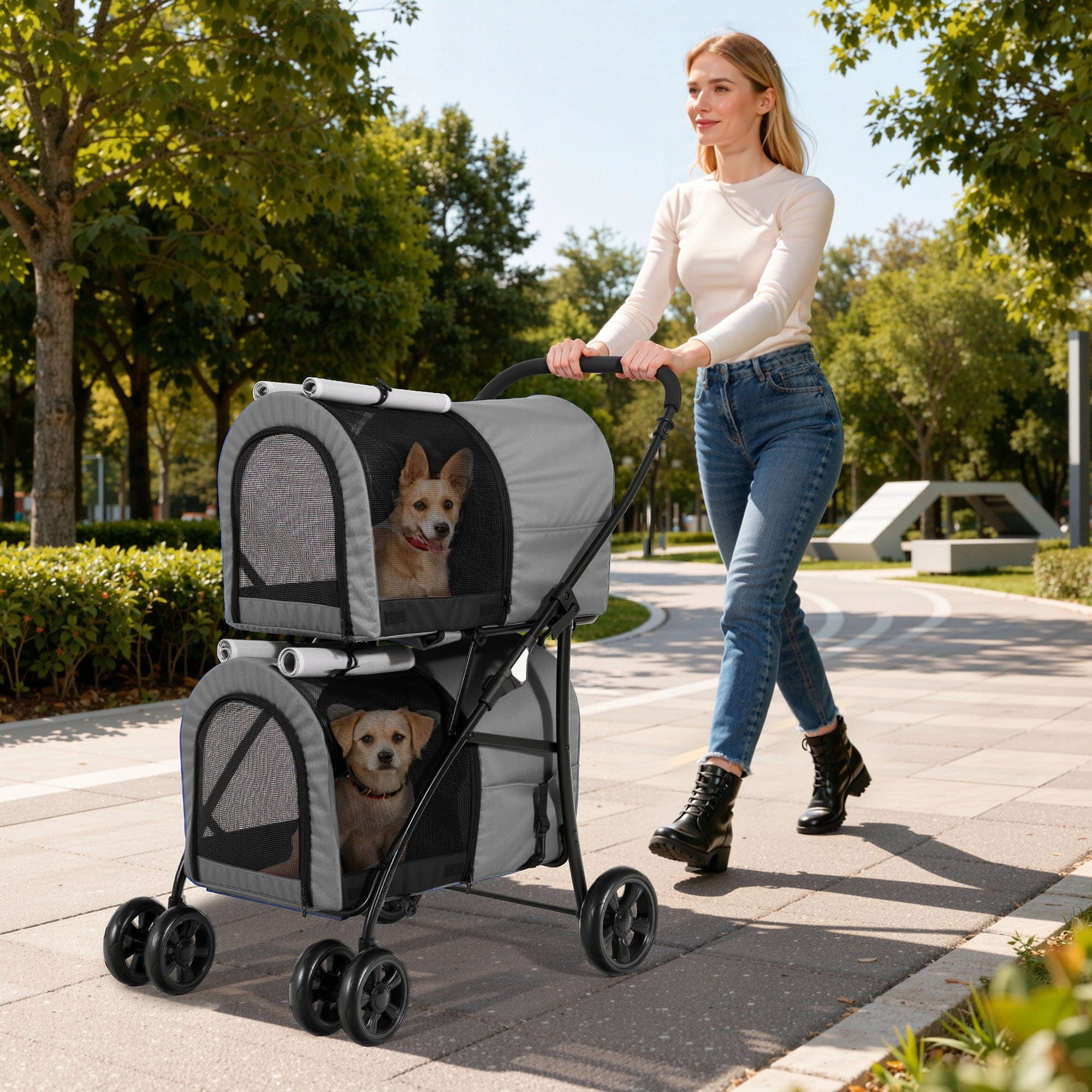 Dog and Cat Stroller, max 15kg, Foldable, Mesh Window, 82x53x98cm, Grey Packaging status original