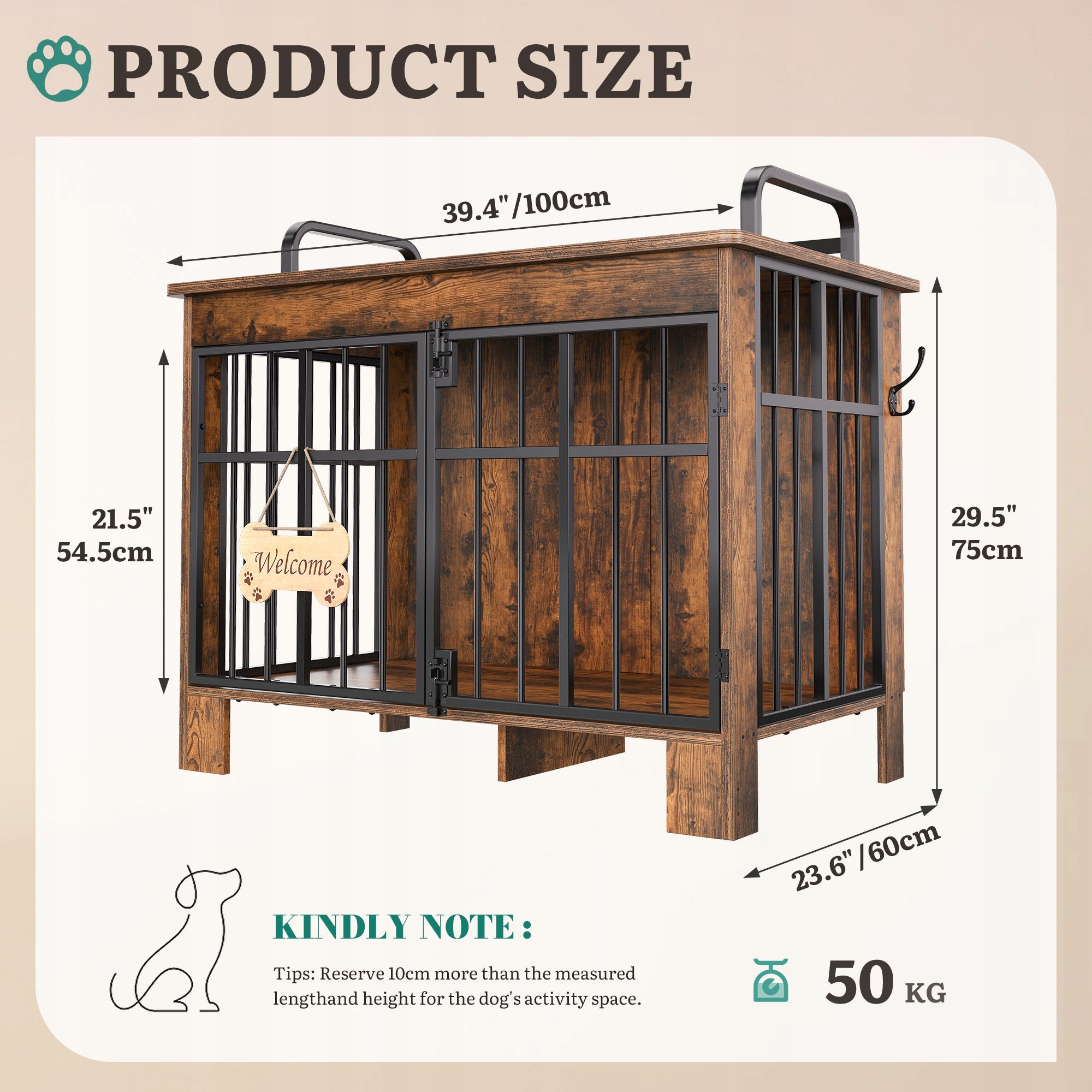 Dog cage, Lockable, Household, with entrance, Kennel Cage,100x60x75cm, Oak Brand Balconera
