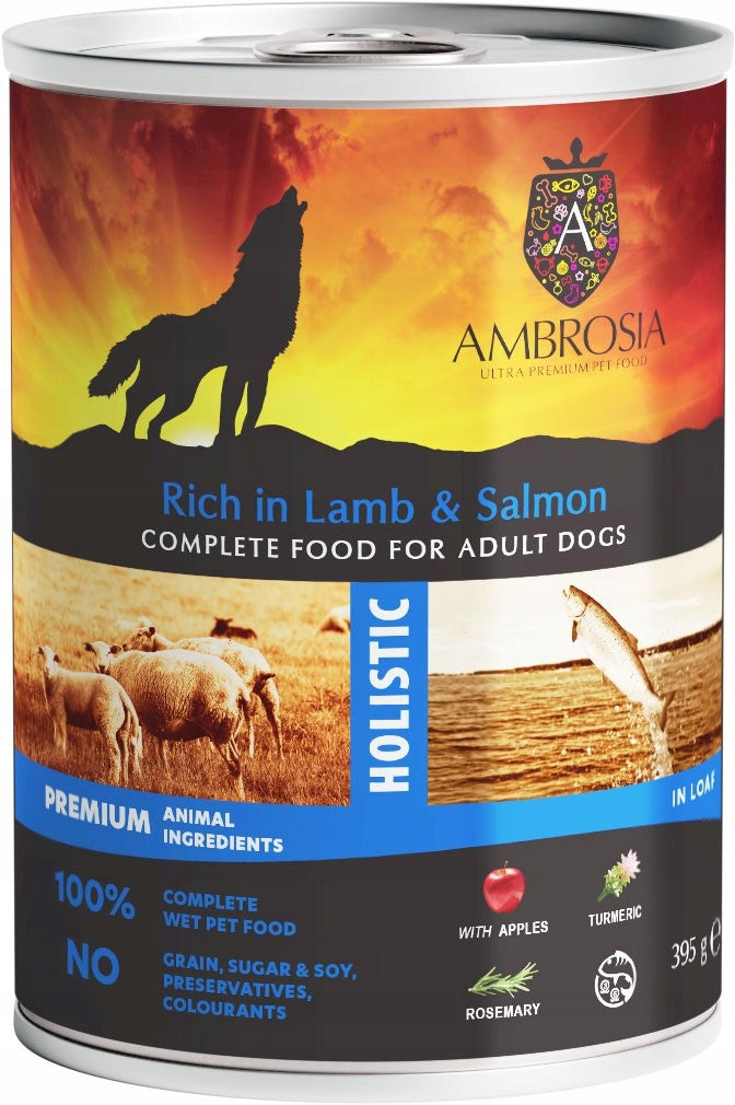 Dog food AMBROSIA pate lamb salmon apple 395g