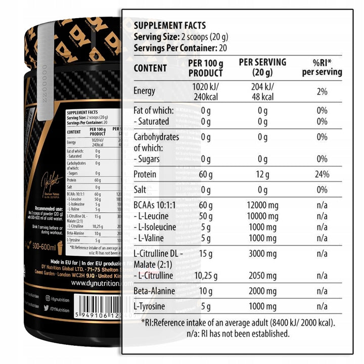 Dorian Yates HIT BCAA 10:1:1 Peach Powder 400g Packaging status original