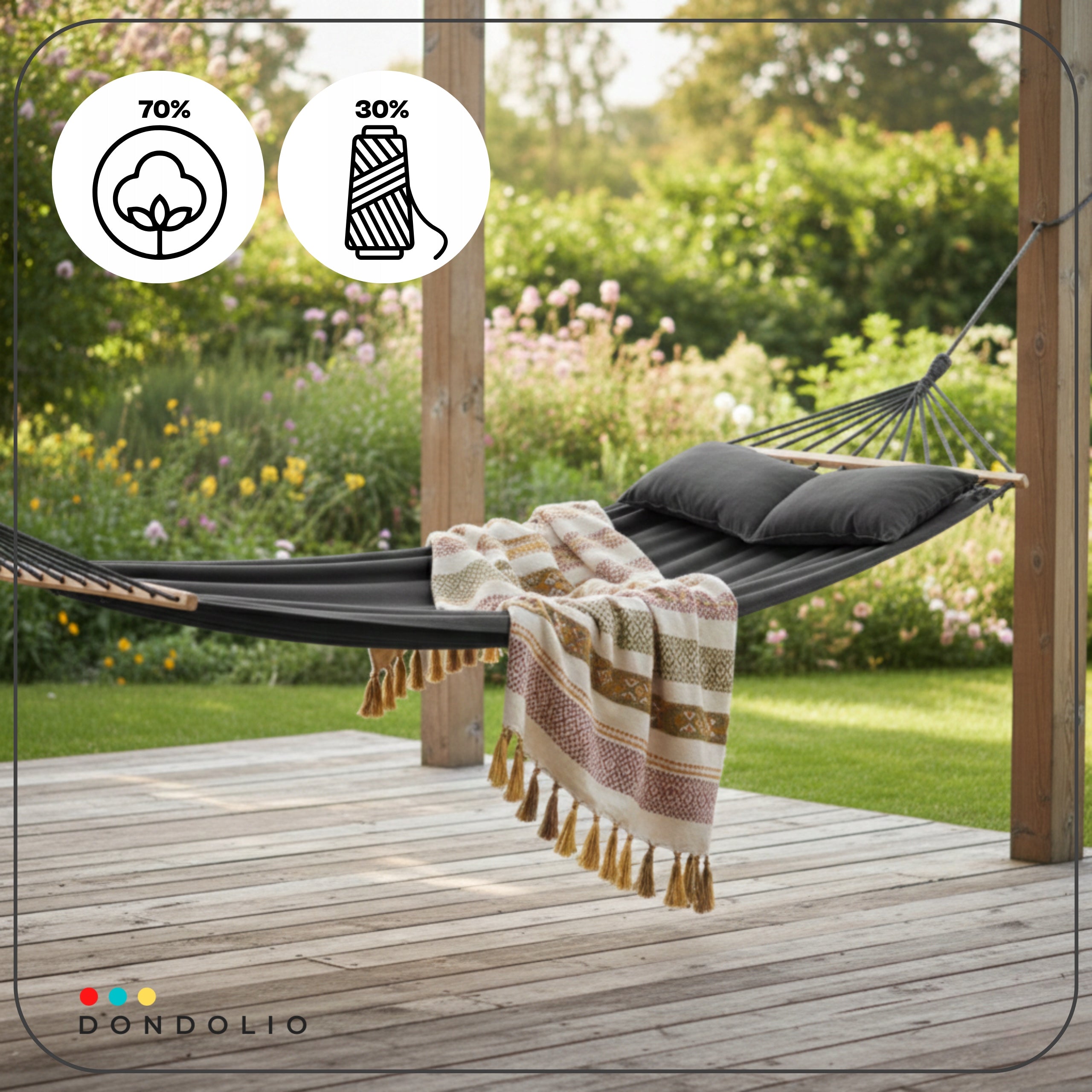 Double Garden HAMMOCK 2 Cushions Dark Grey with XXL BOHO LARGE Bar Manufacturer Dondolio