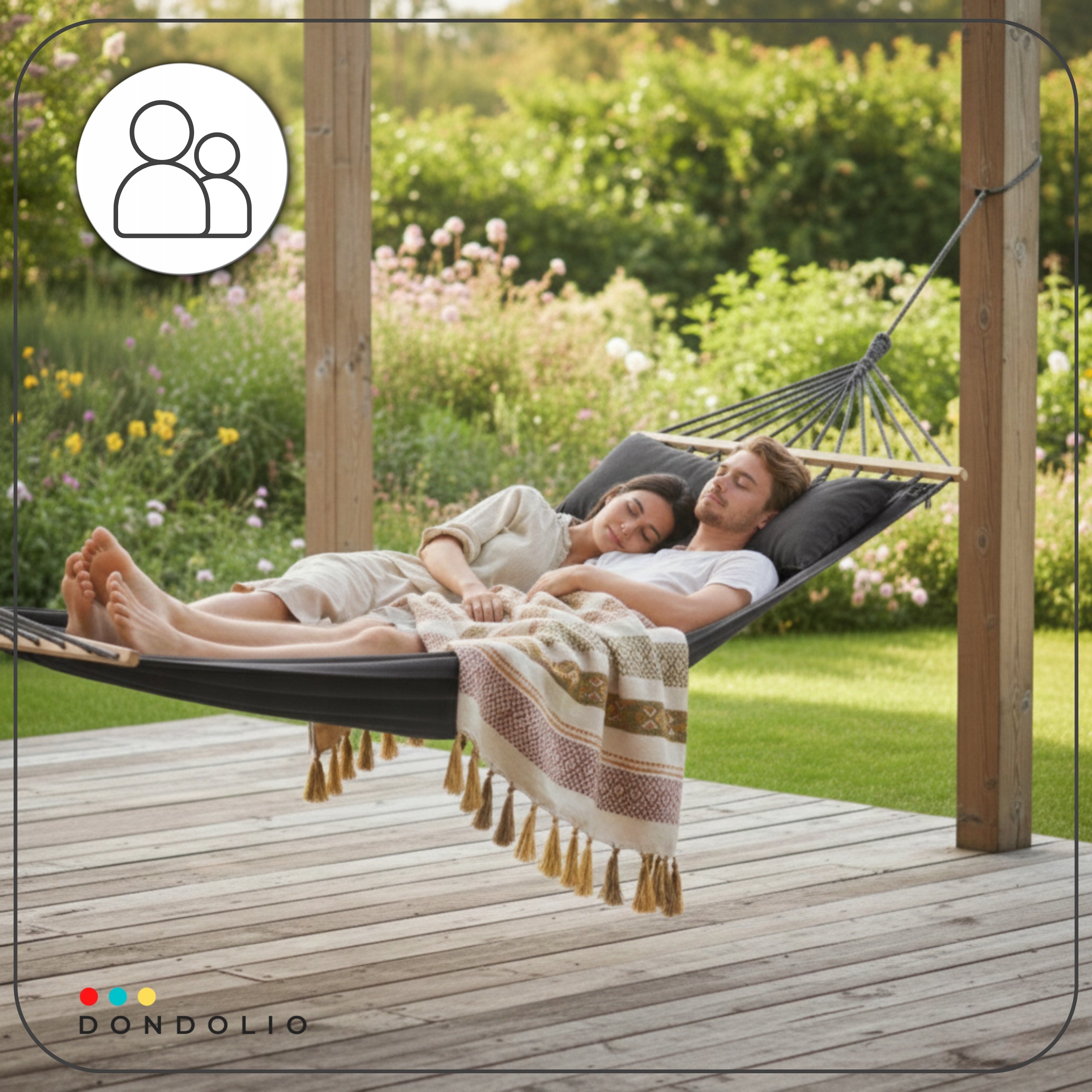Double Garden HAMMOCK 2 Cushions Dark Grey with XXL BOHO LARGE Bar Model HAMAK Z DRĄŻKIEM XXL OGRODOWY ANTRACYT DONDOLIO