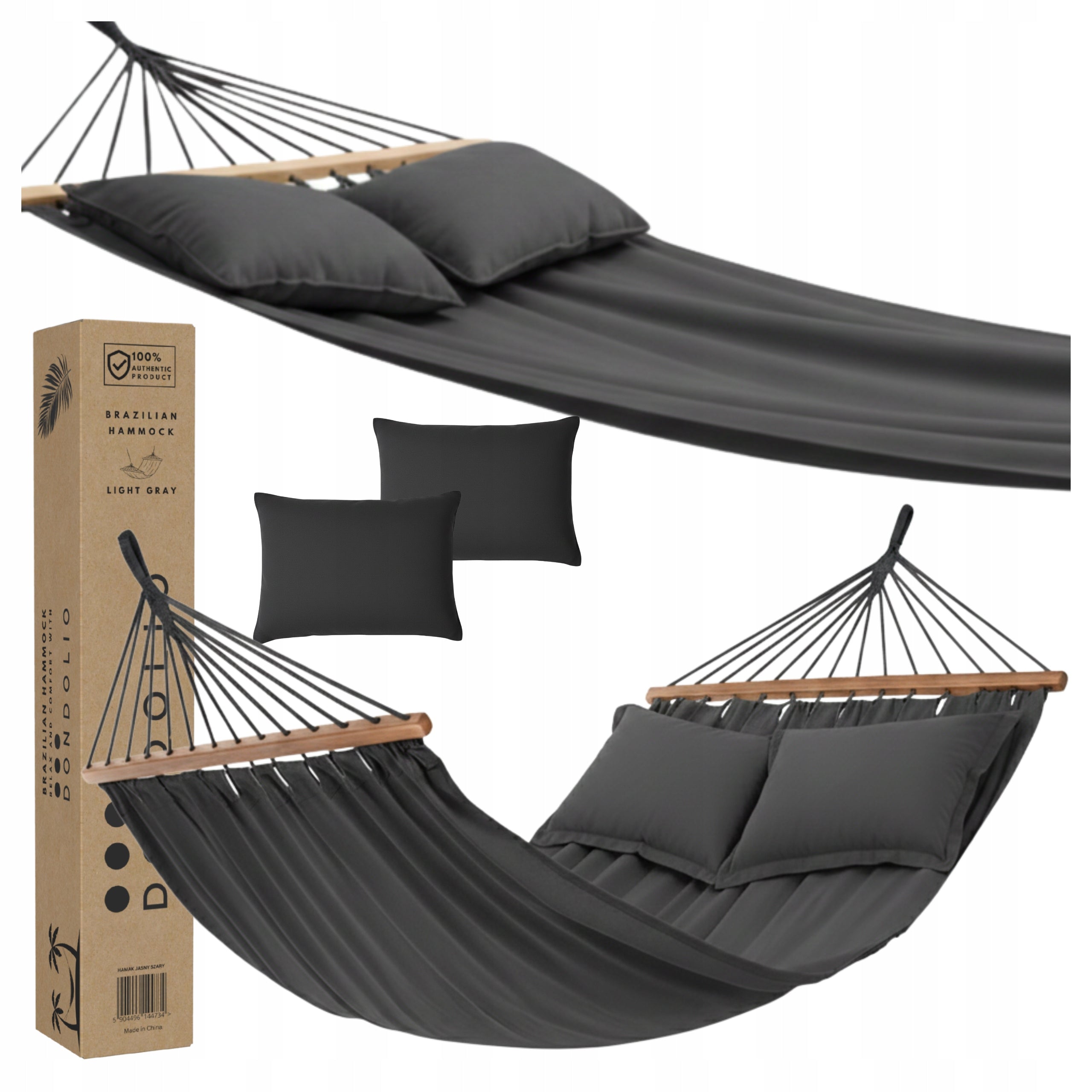 Double Garden HAMMOCK 2 Cushions Dark Grey with XXL BOHO LARGE Bar