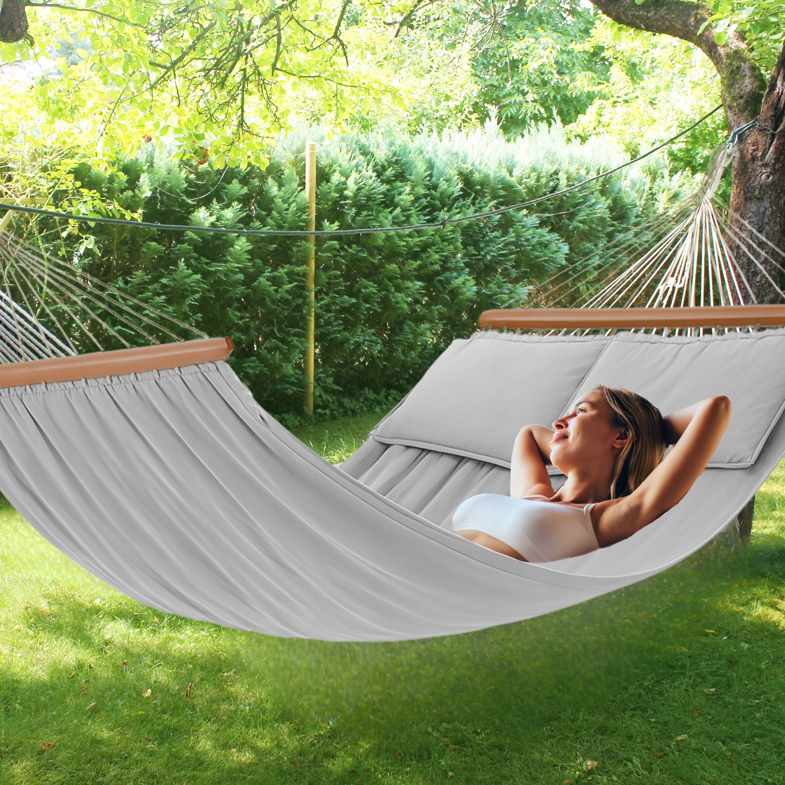 Double Garden Hammock 2 Cushions With Beams Large Light Grey Boho XXL Kind hammock with rod