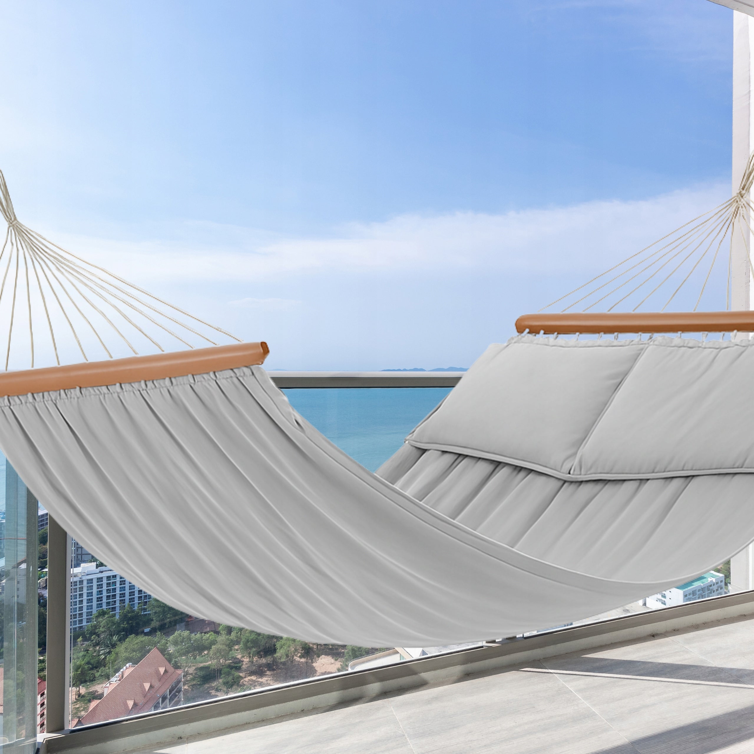 Double Garden Hammock 2 Cushions With Beams Large Light Grey Boho XXL Packaging status original