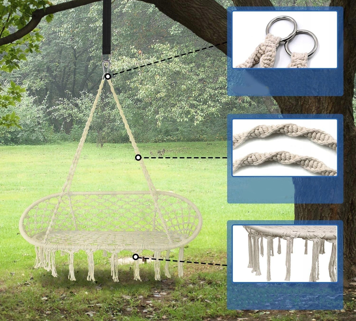 Double Garden Swing 240kg Hanging Armchair Hammock Stork Nest BOHO Seat length 110 cm