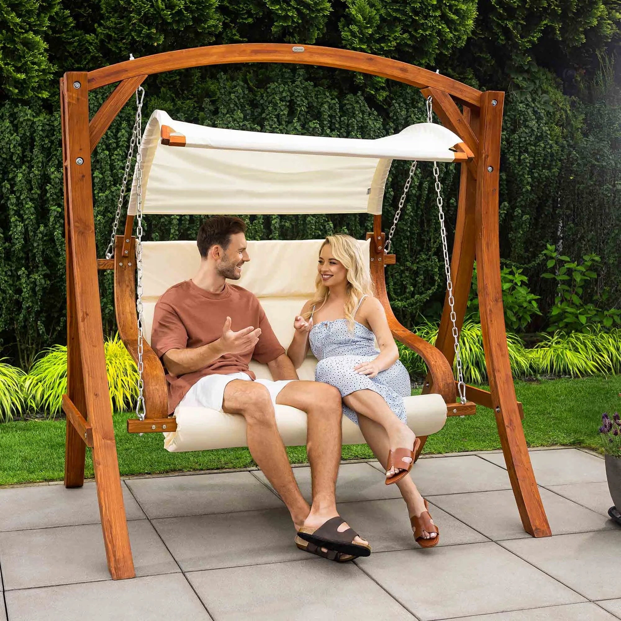 Double Garden Swing Wooden Soft Cushions Canopy di volio Manufacturer di volio