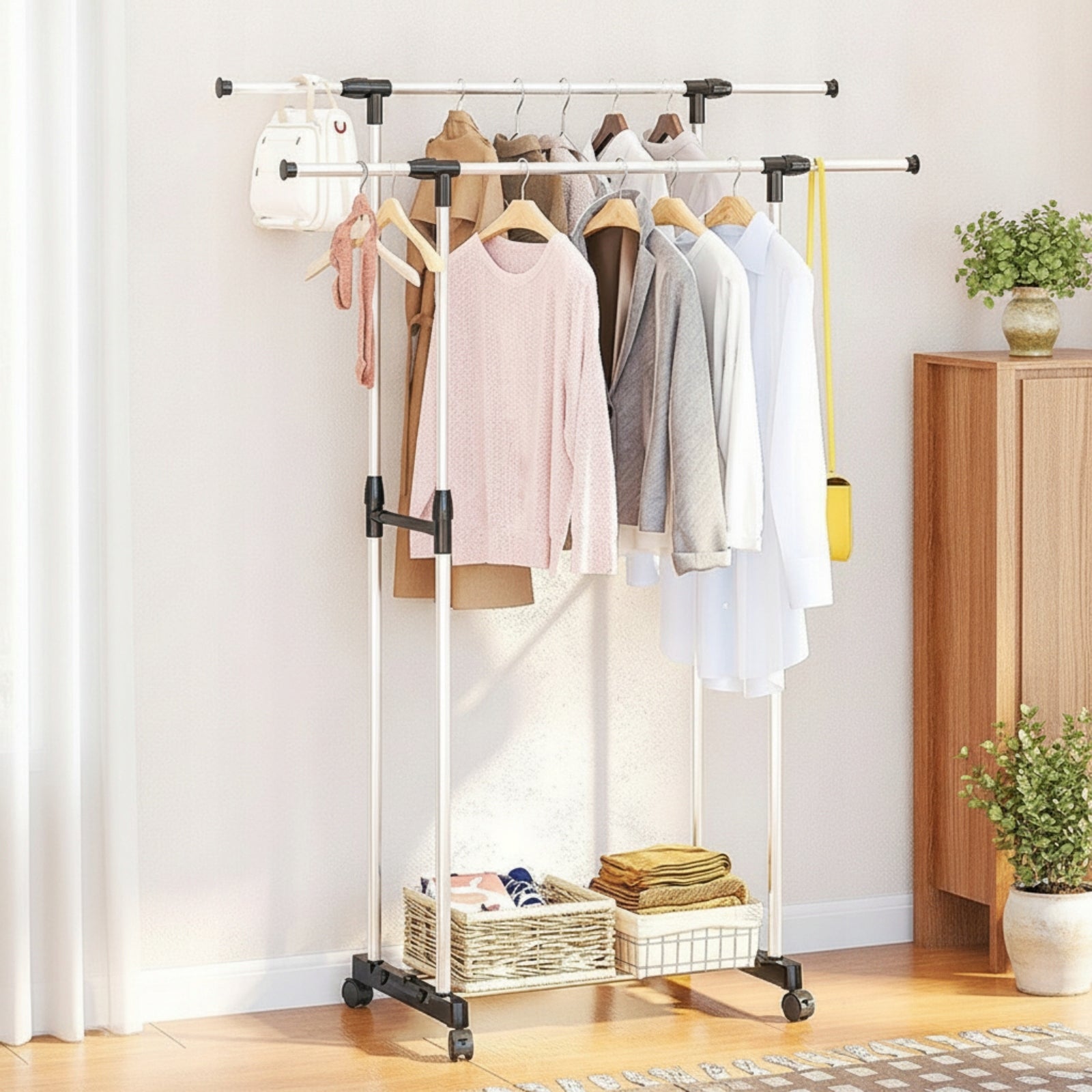 Double-Rod Clothes Rack Portable Double Rod Clothing Rack Space-Saving Additional information Foldable