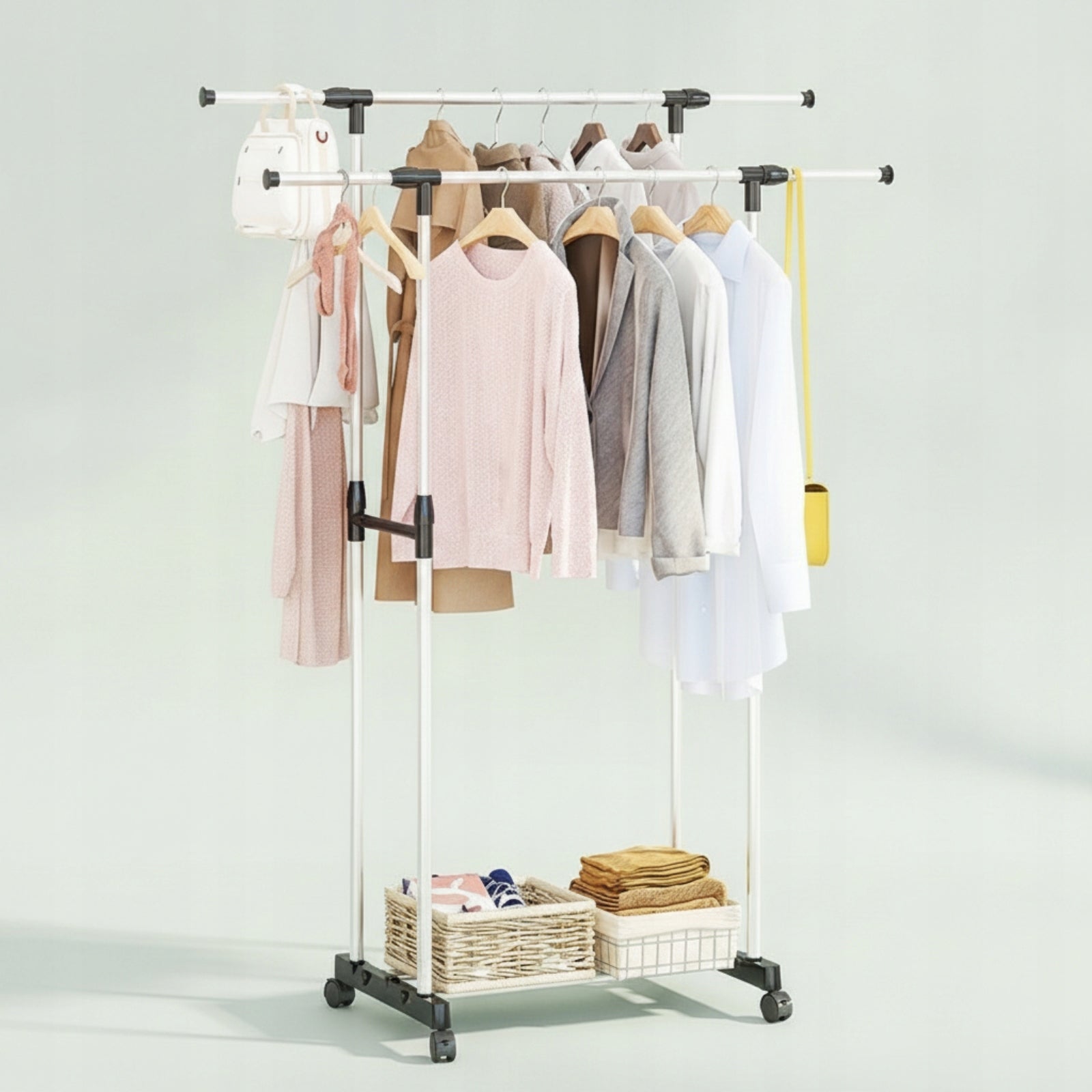 Double-Rod Clothes Rack Portable Double Rod Clothing Rack Space-Saving Brand no brand