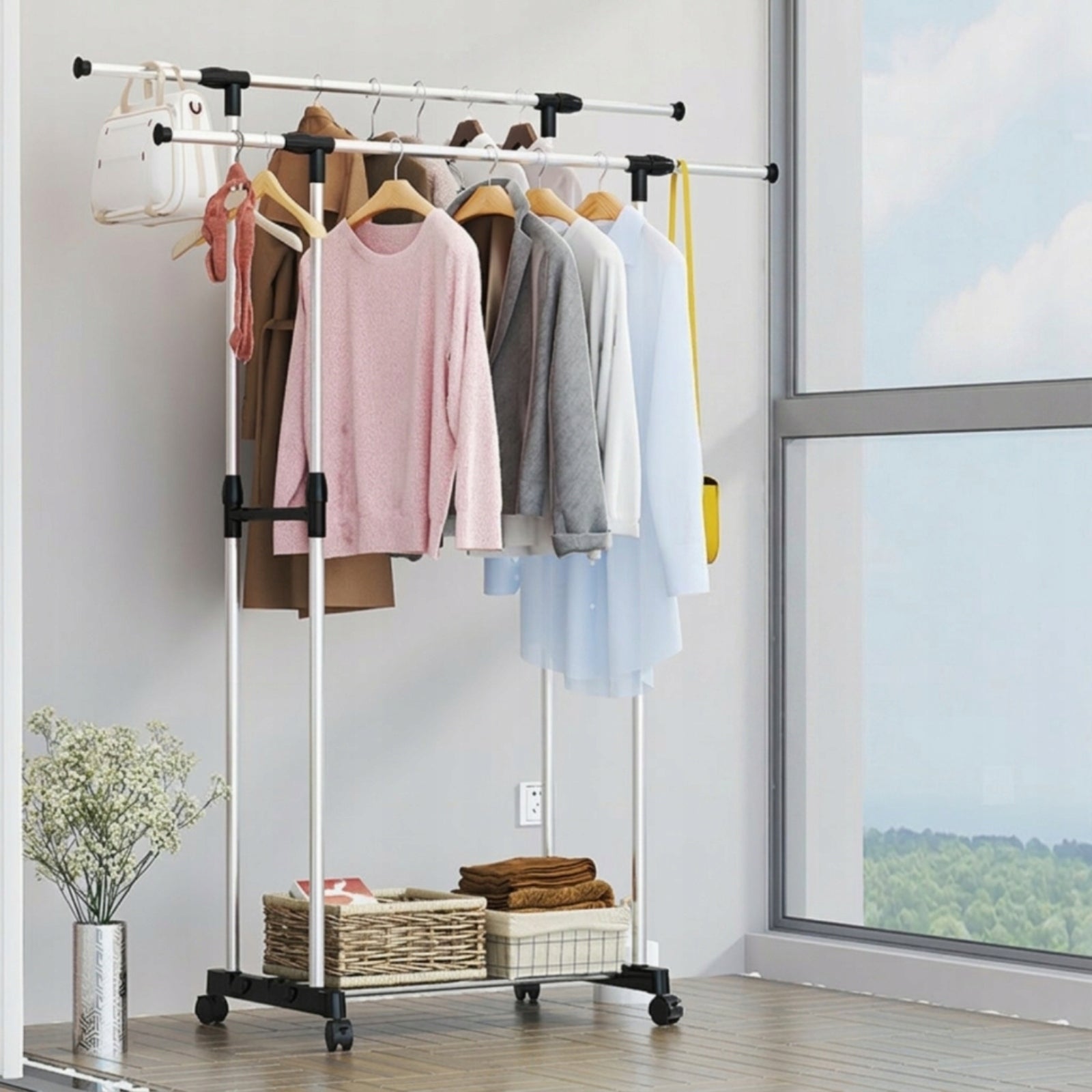 Double-Rod Clothes Rack Portable Double Rod Clothing Rack Space-Saving Total height 135 cm