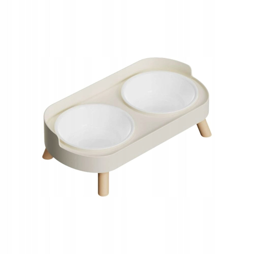 Double bowl on dog and cat stand, beige, raised, two bowls