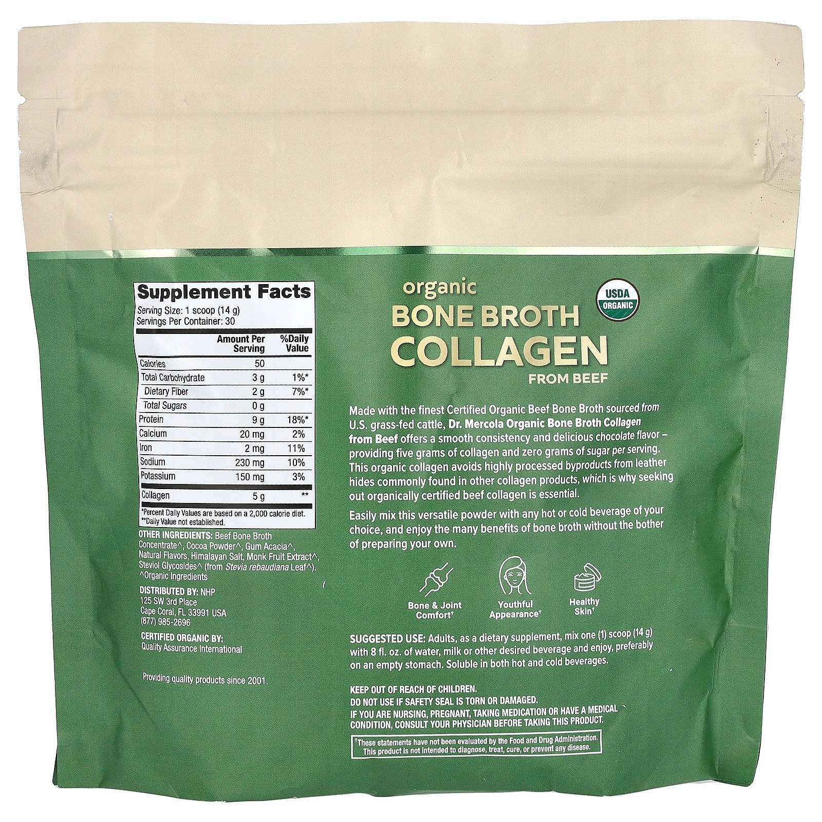 Dr. Mercola, Organic beef collagen on bone broth, chocolate, Brand Dr. Mercola
