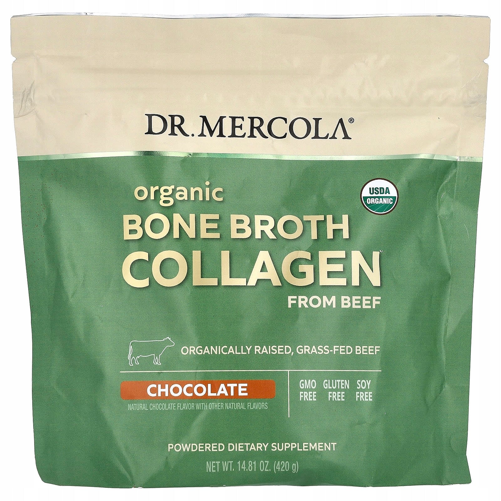 Dr. Mercola, Organic beef collagen on bone broth, chocolate,