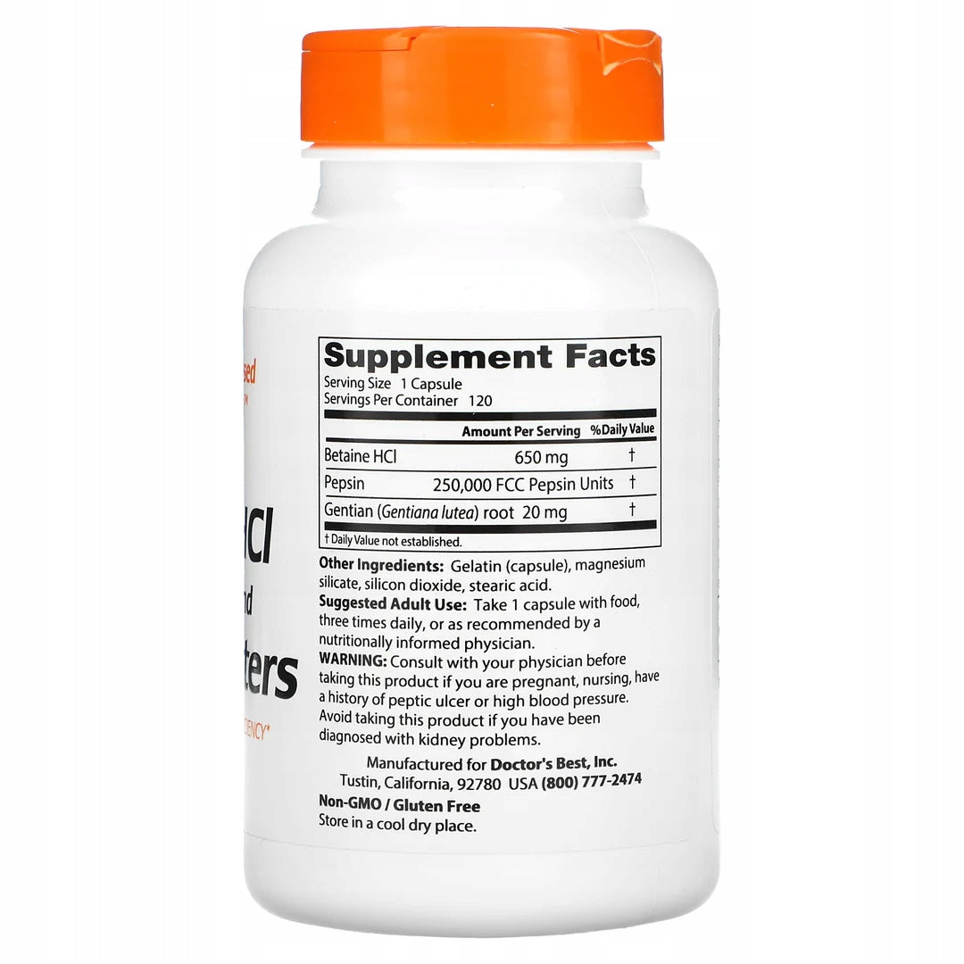 Dr's Best Betaine HCl Pepsin & Gentian Bitters PEPSINA DIGESTION 120caps Packaging status original