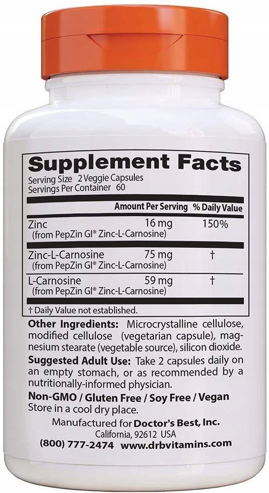 Dr's Best PepZin GI ZINC L-CARNOSINE DIGESTION METABOLISM 120caps Packaging status original
