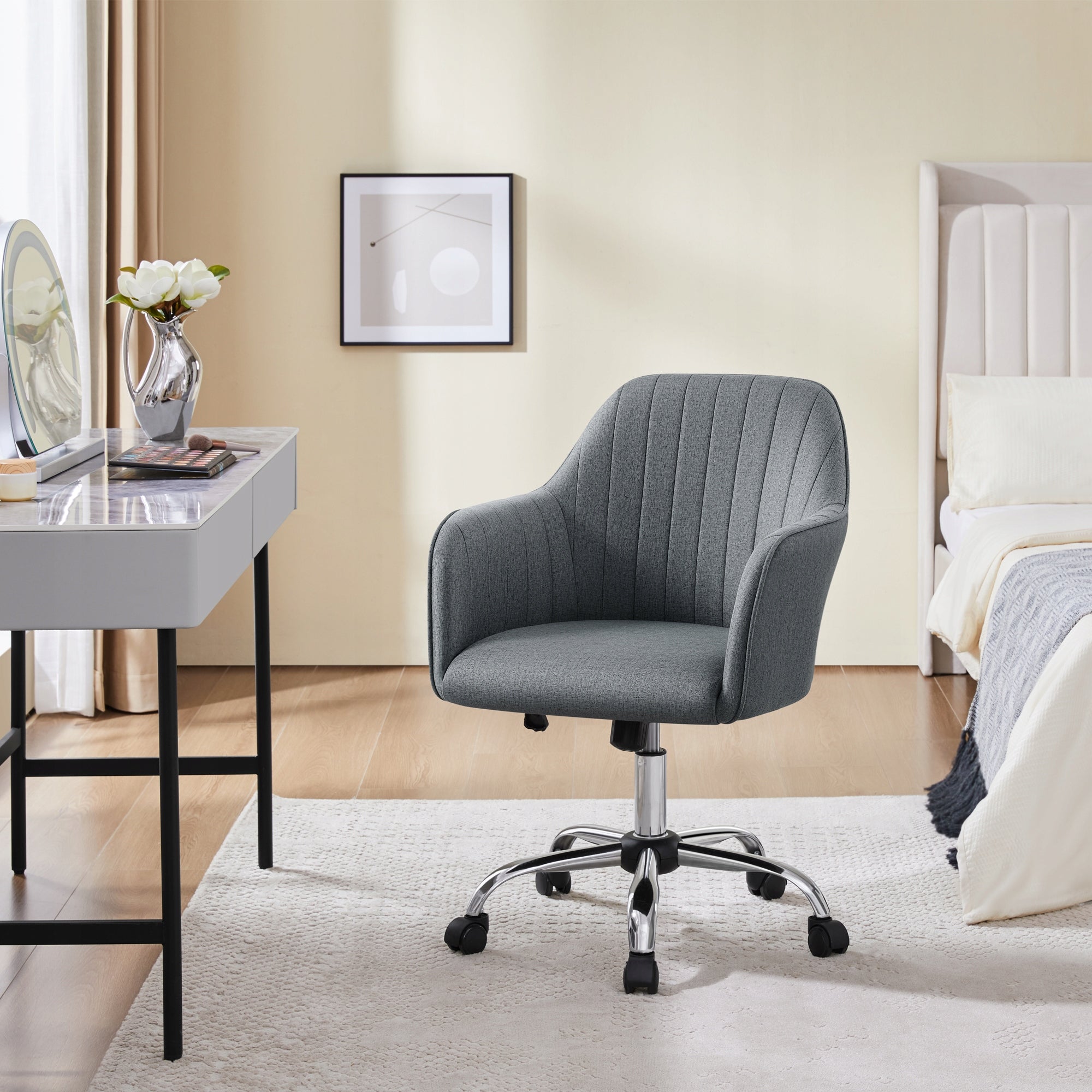 Dressing Table and Desk Chair, on Wheels, Adjustable Height, Dark Grey Brand Yaheetech