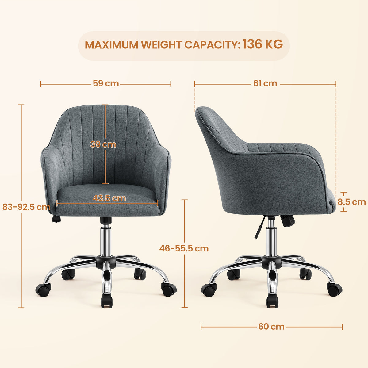 Dressing Table and Desk Chair, on Wheels, Adjustable Height, Dark Grey Packaging status original