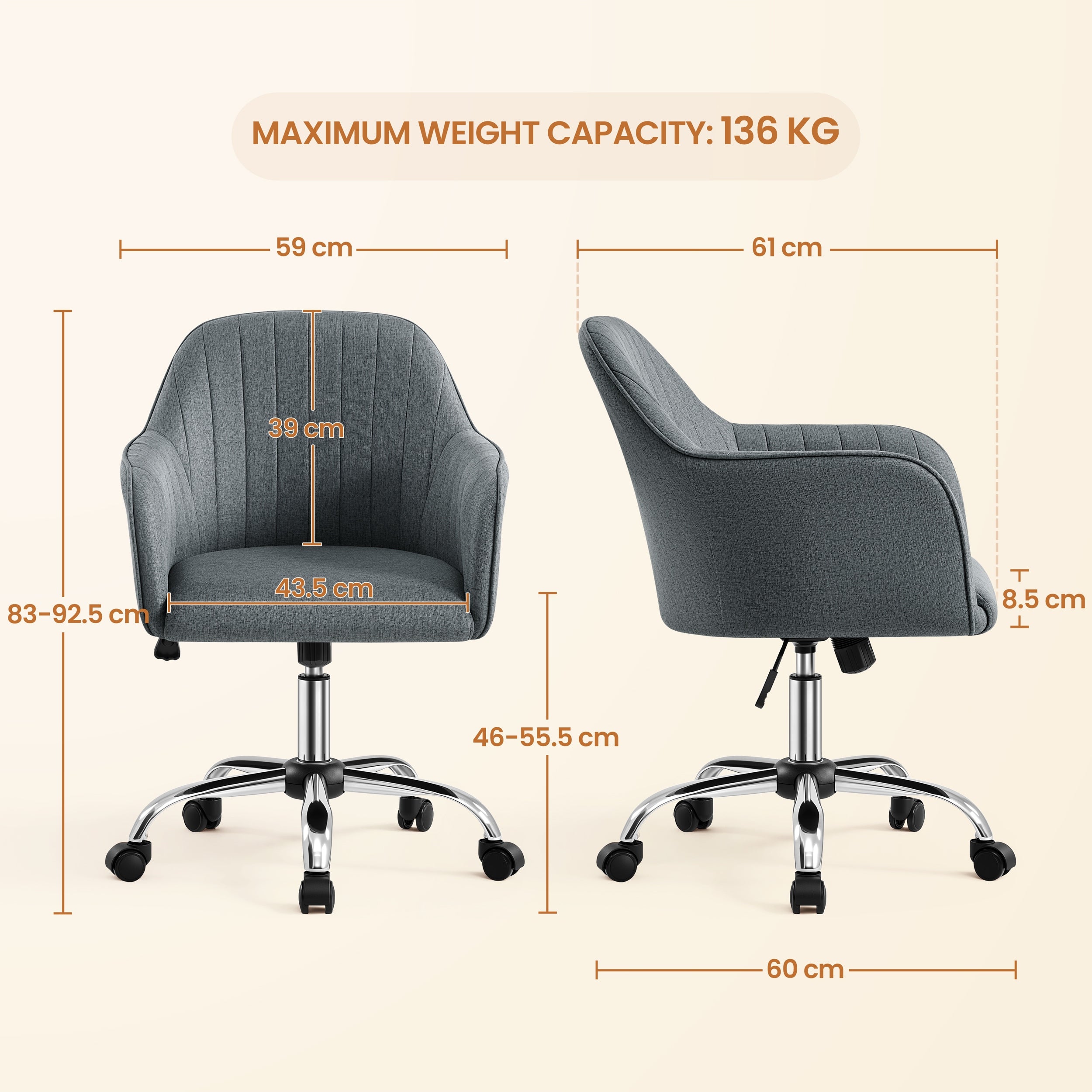 Dressing Table and Desk Chair, on Wheels, Adjustable Height, Dark Grey Packaging status original