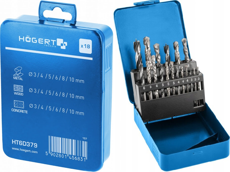 Drill bit set 18 pcs. 3-10 mm HT6D379 HOGERT