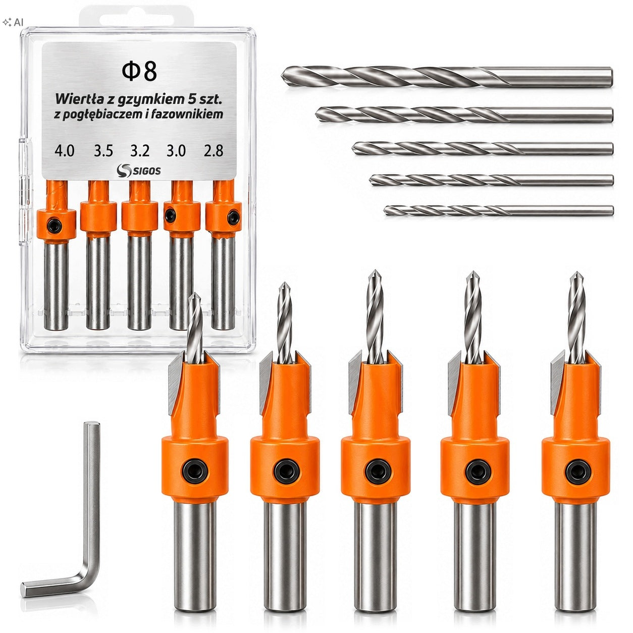 Drill bits with cornice 5 pcs. with dredge and chamferer set + CASE