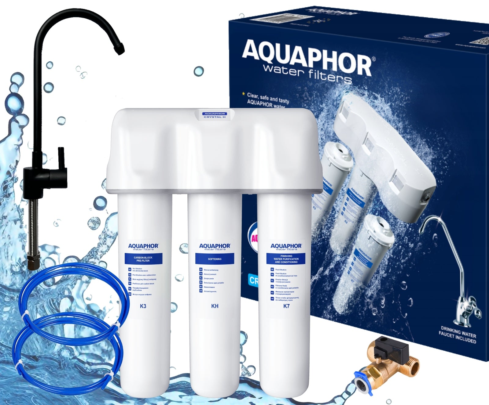 Drinking water filter for sink Aquaphor Crystal H softening black spout