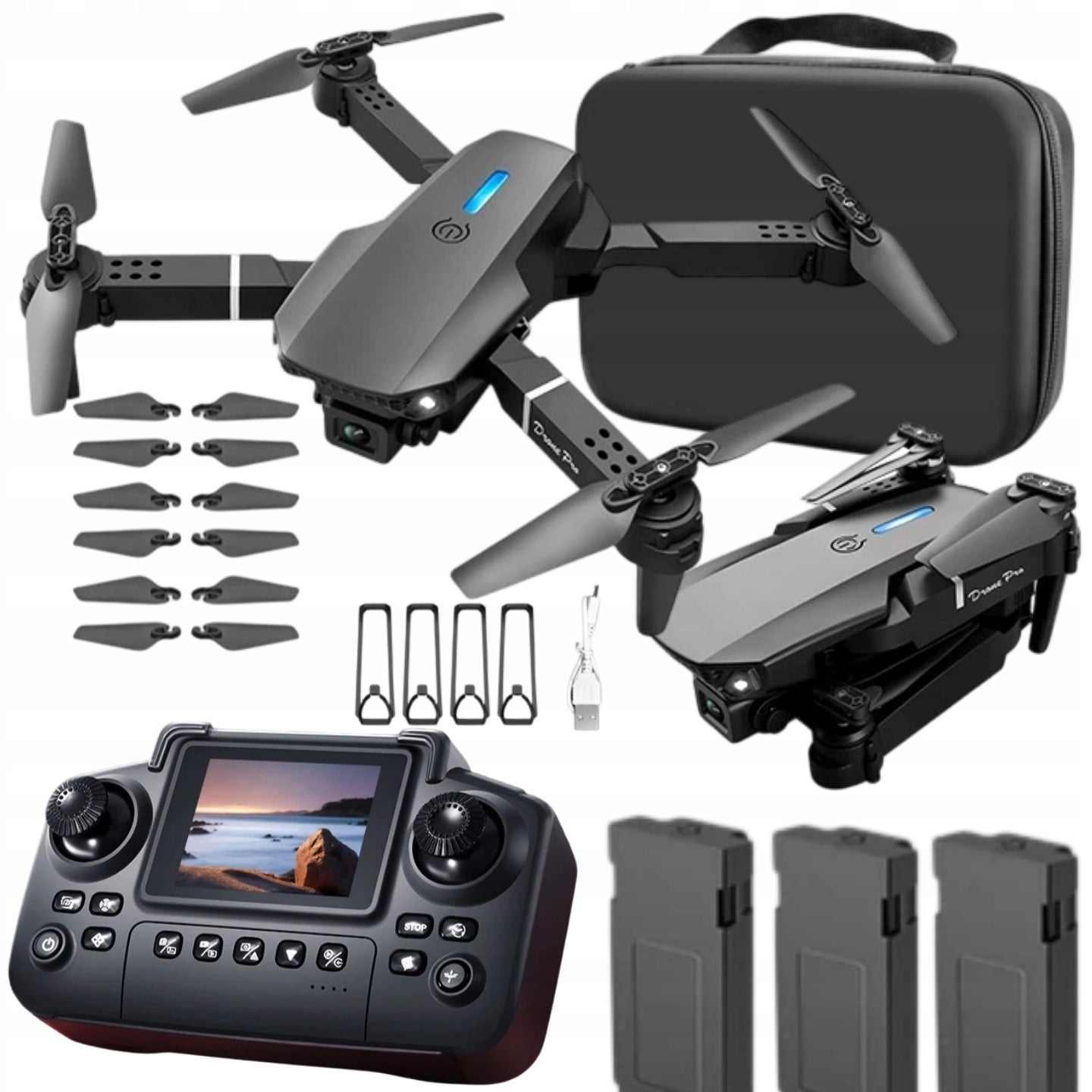 Drone E88LCD with 4K camera electric 3 batteries range 250 m