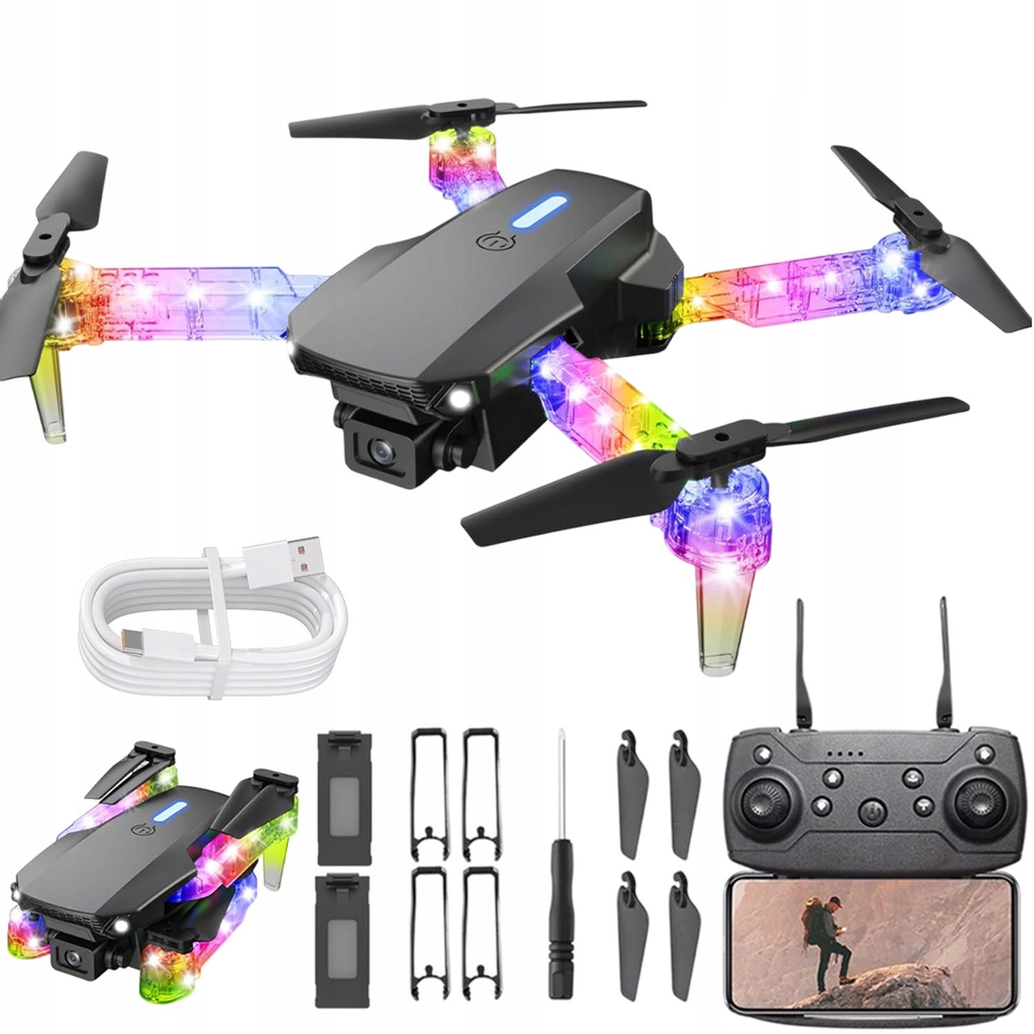 Drone E99 Light Edition Colorful Led Arms Wifi 20Min Phone Control