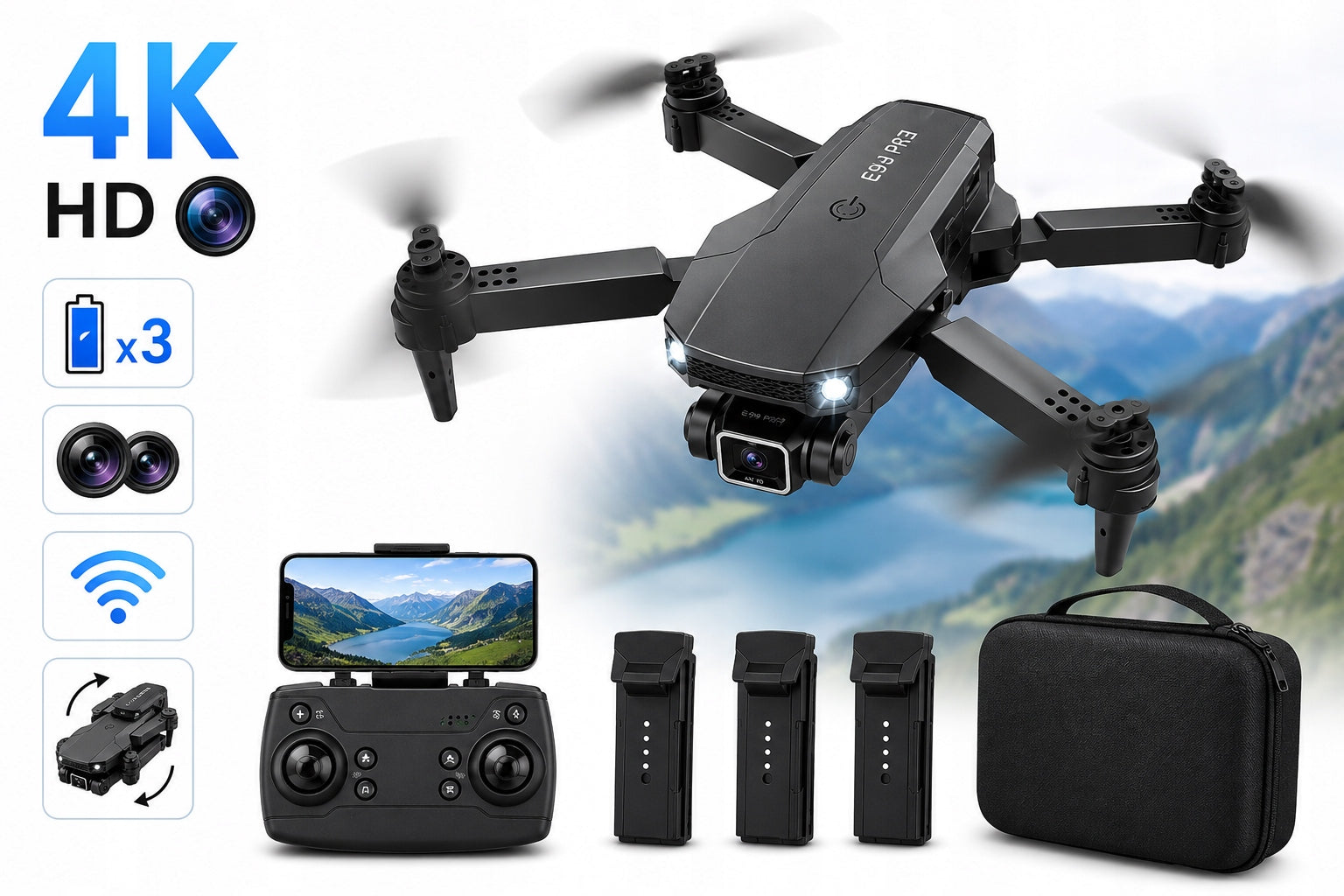 Drone PRO 4K HD WiFi FPV folding 3 batteries case 2 cameras up to 45 min Manufacturer code E99