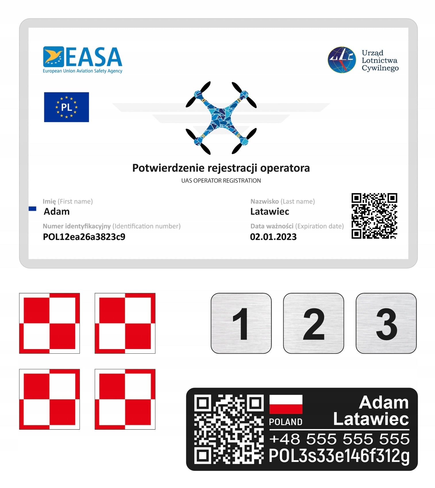 Drone plate, certificate, aku number, set