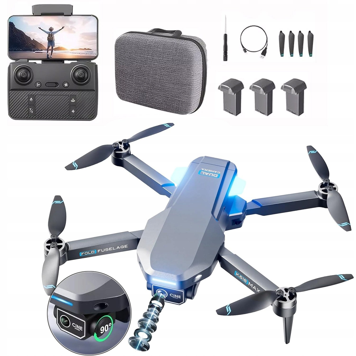 Drone with 2 cameras, 3 RC Dorne batteries for beginners