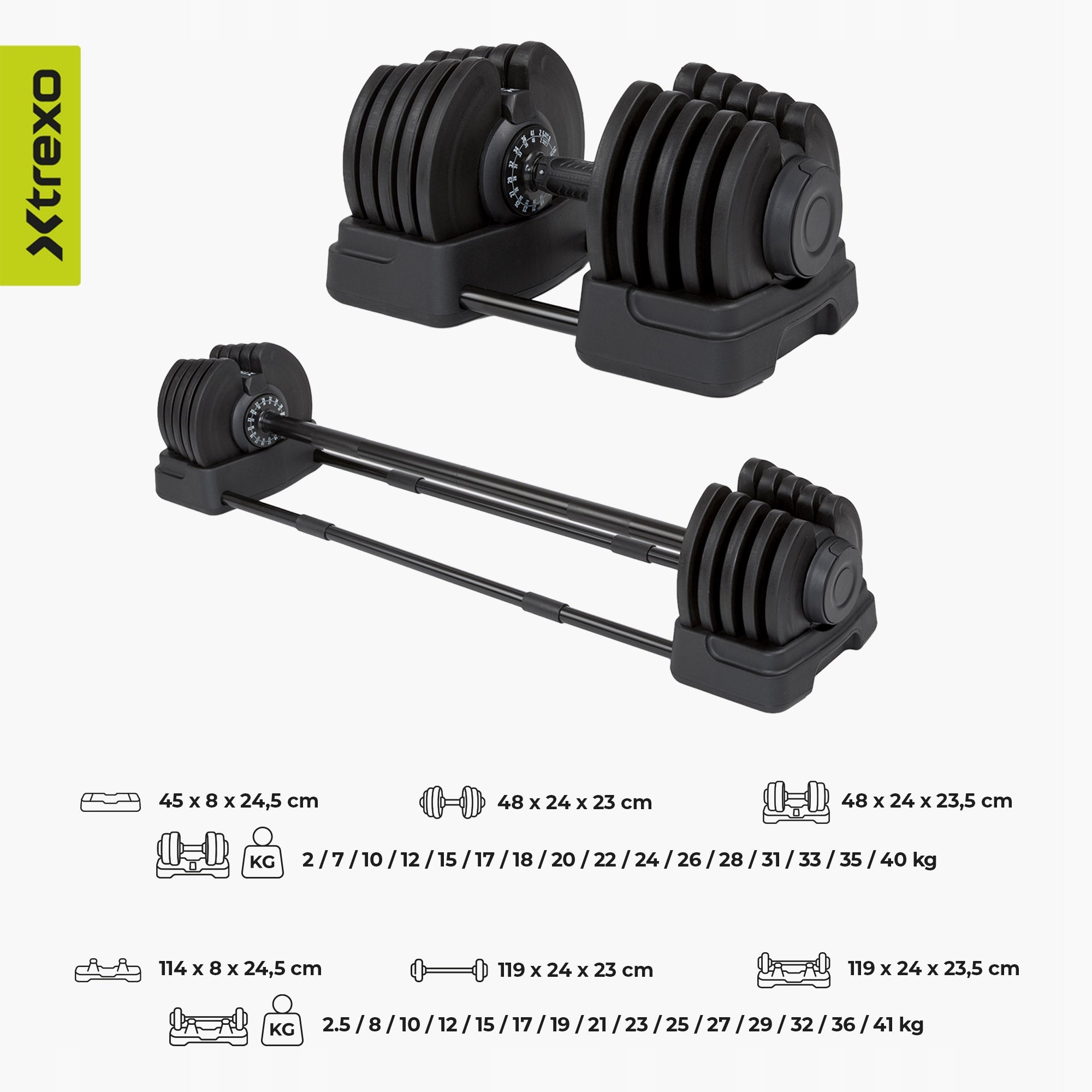 Dumbbell/barbell 2in1 XTREXO Steel TRX-ABD40 1-40 kg ADJUSTABLE SET Manufacturer code TRX-ABD40