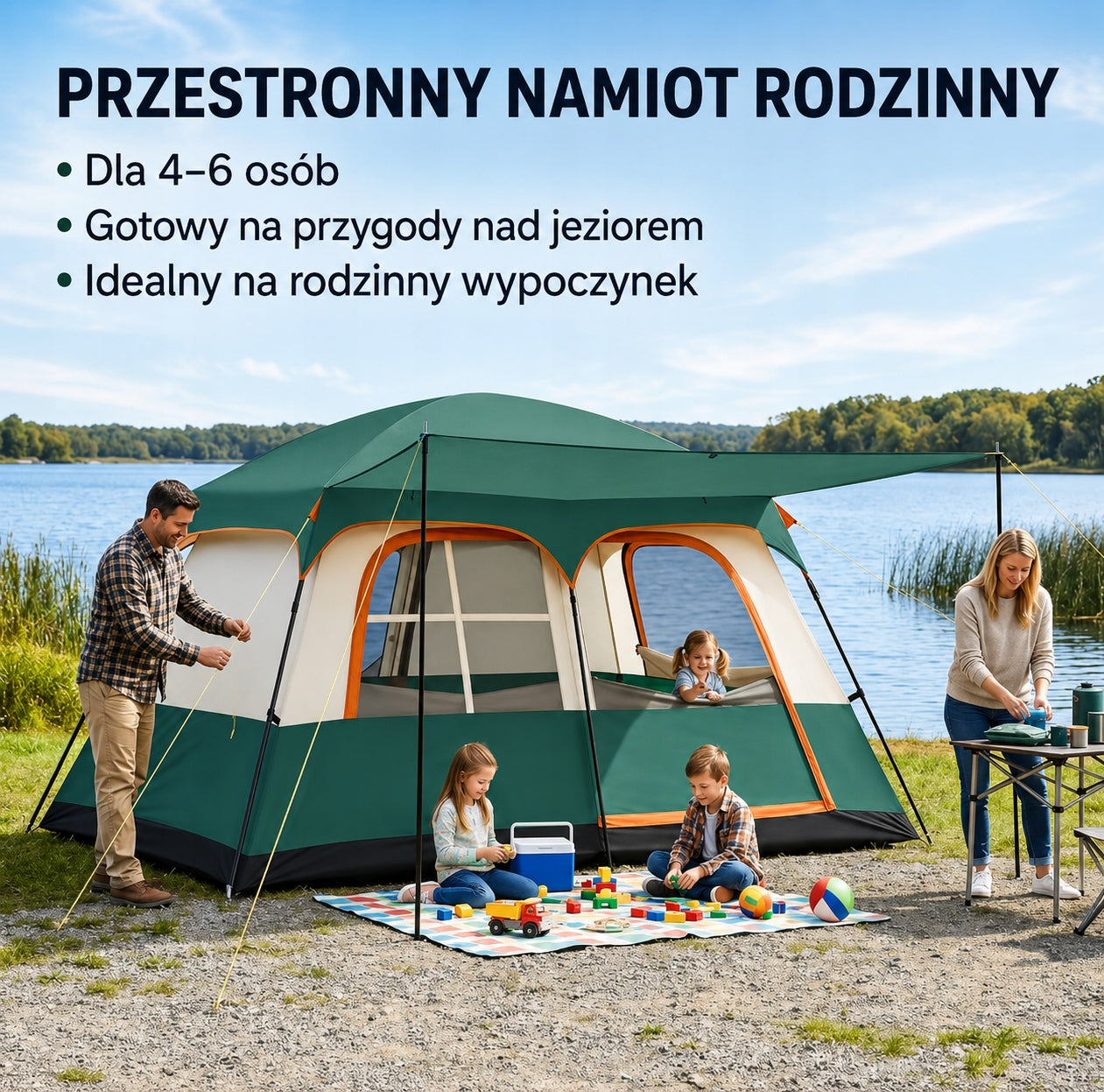 Duży namiot rodzinny kempingowy 4-6 osób z przedsionkiem i torbą Packaging status original