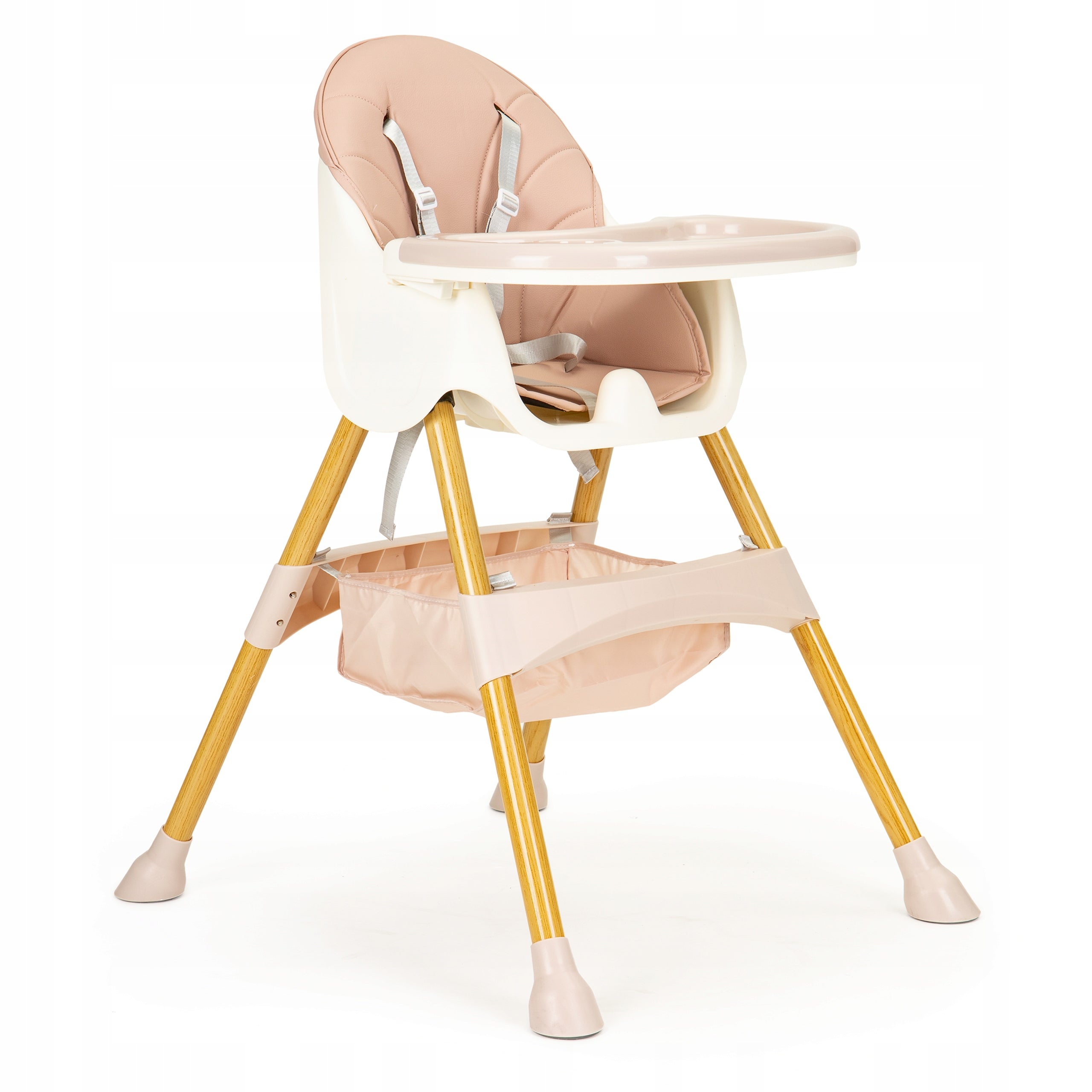 ECOTOYS Dětská vysoká židlička 2v1 (6–36 měs.) s ekokůží, 5bod. pásy, Color white pink