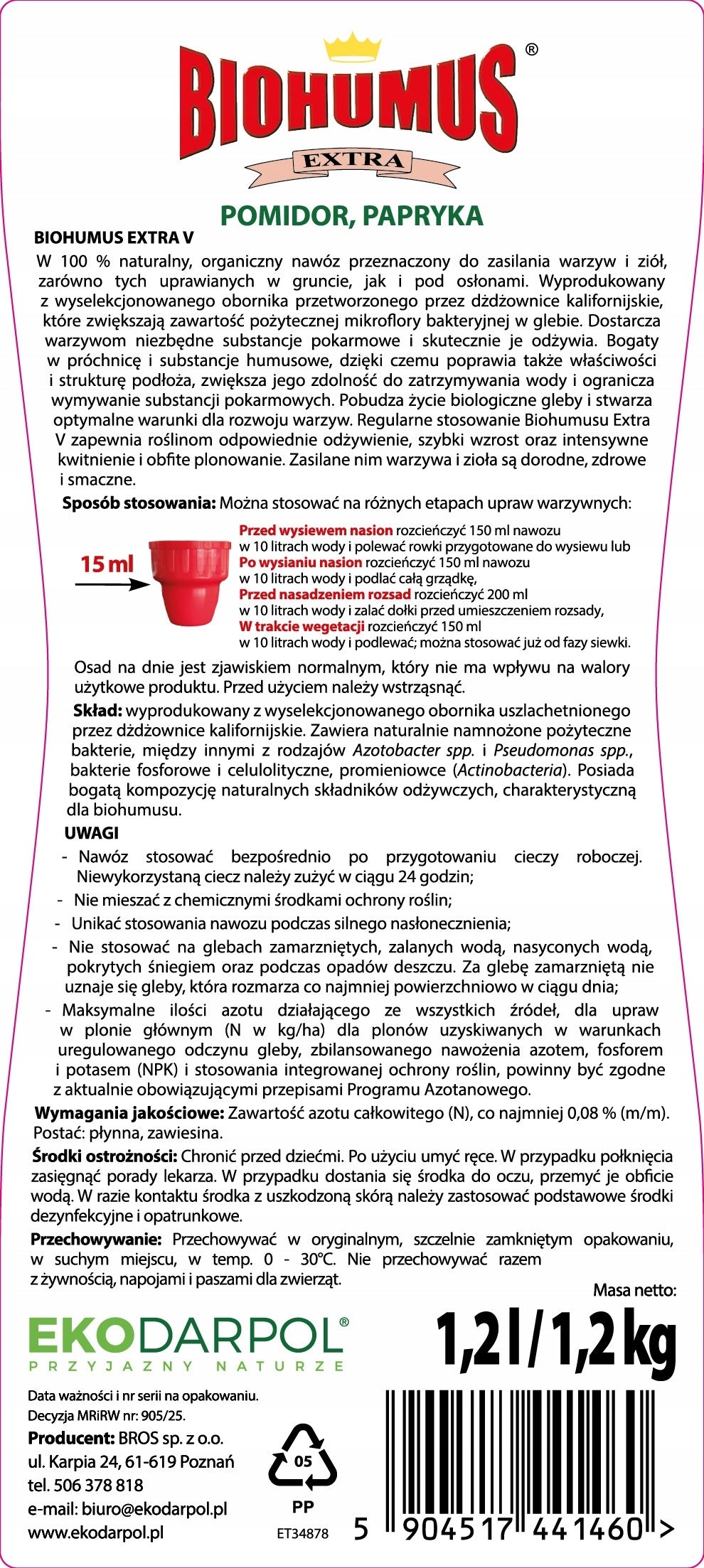 EKODARPOL BIOHUMUS EXTRA PEPPER TOMATO, fertilizer for tomatoes and peppers 1,2L Packaging status original