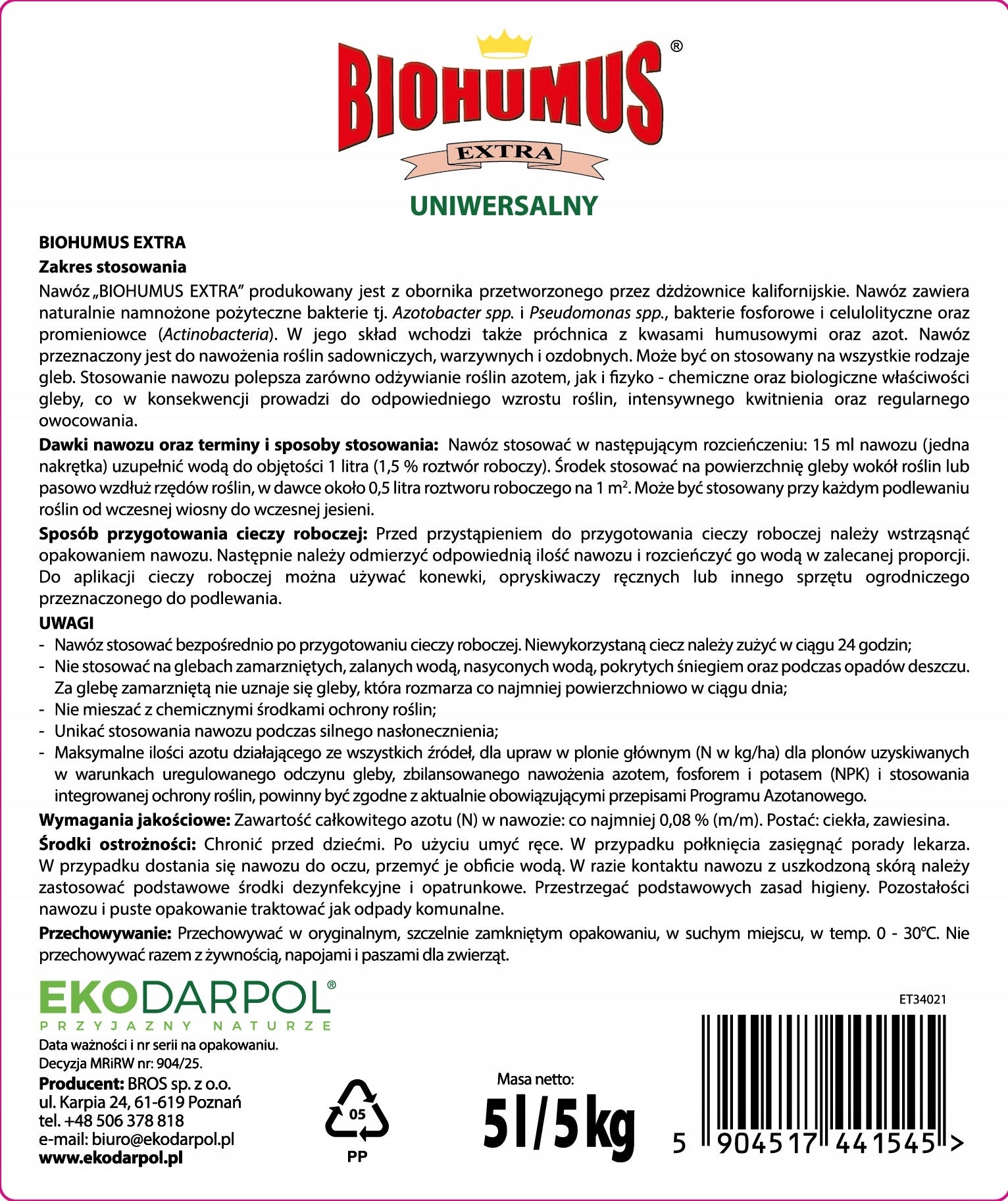 EKODARPOL BIOHUMUS EXTRA UNIVERSAL, universal fertilizer 5L Packaging status original