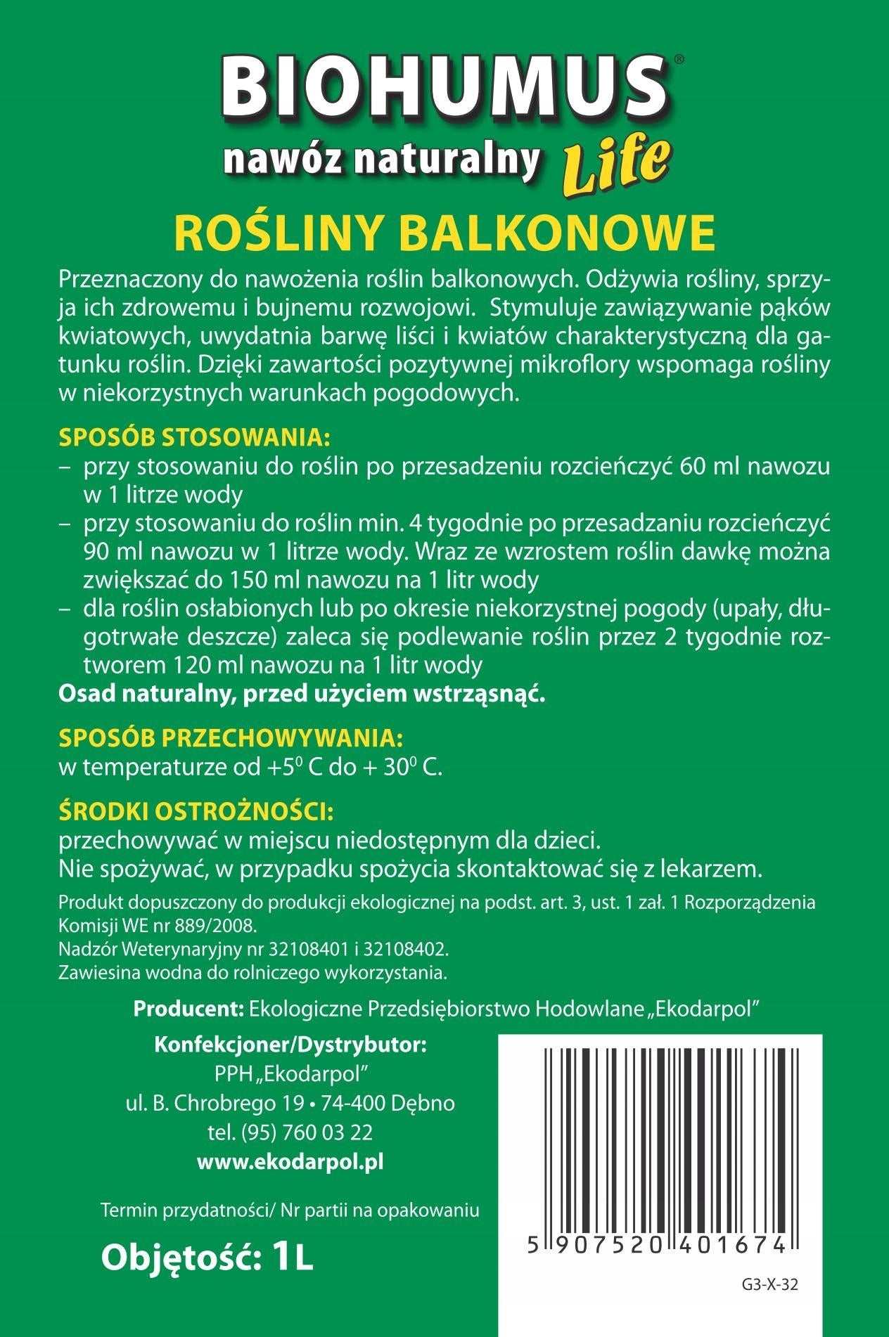 EKODARPOL BIOHUMUS LIFE BALCONY natural fertilizer for balcony plants 1L Packaging status original