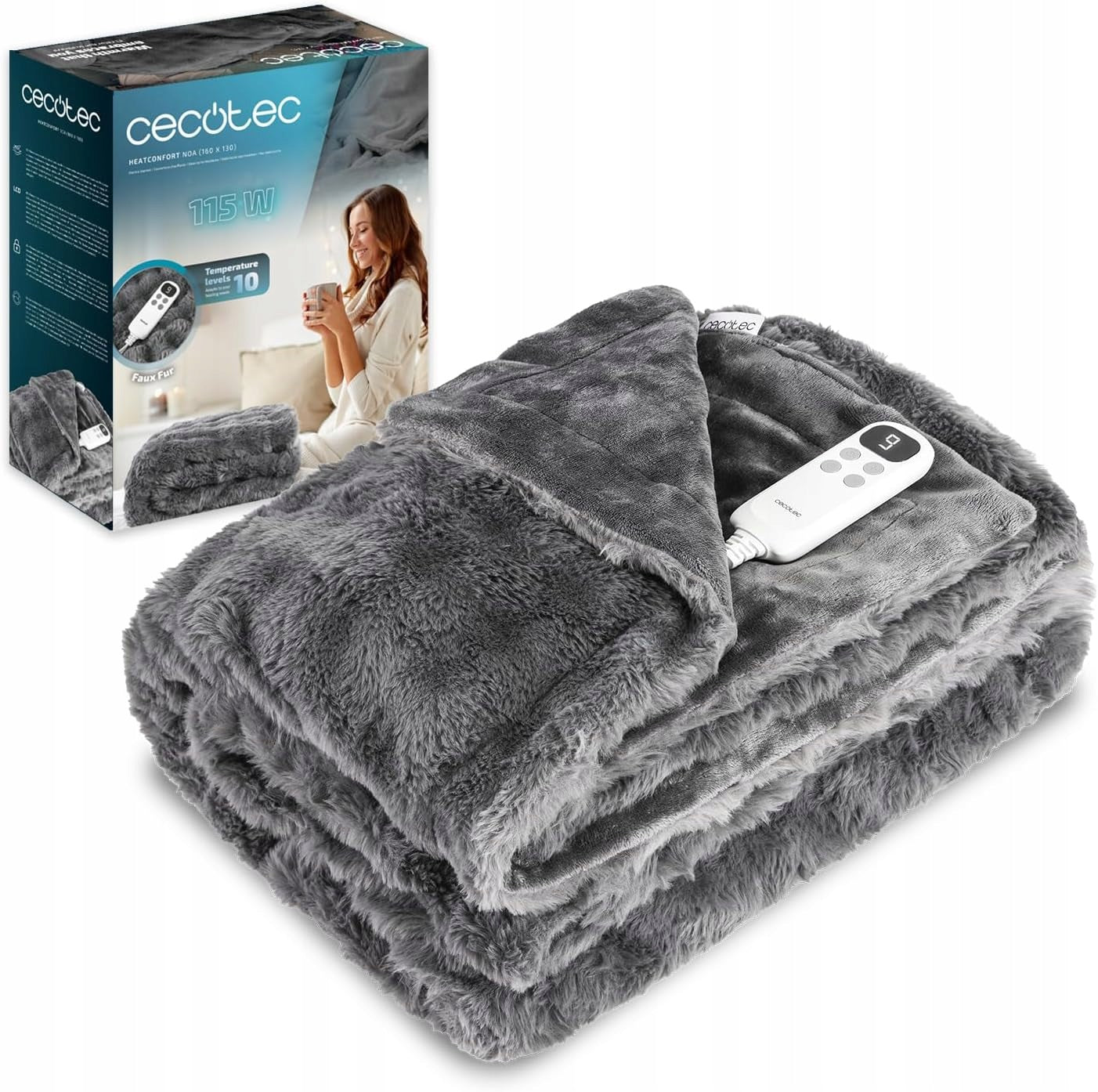 ELECTRIC BLANKET 160X130 CM, 115W, 10 LEVELS, TIMER, FAUX FUR