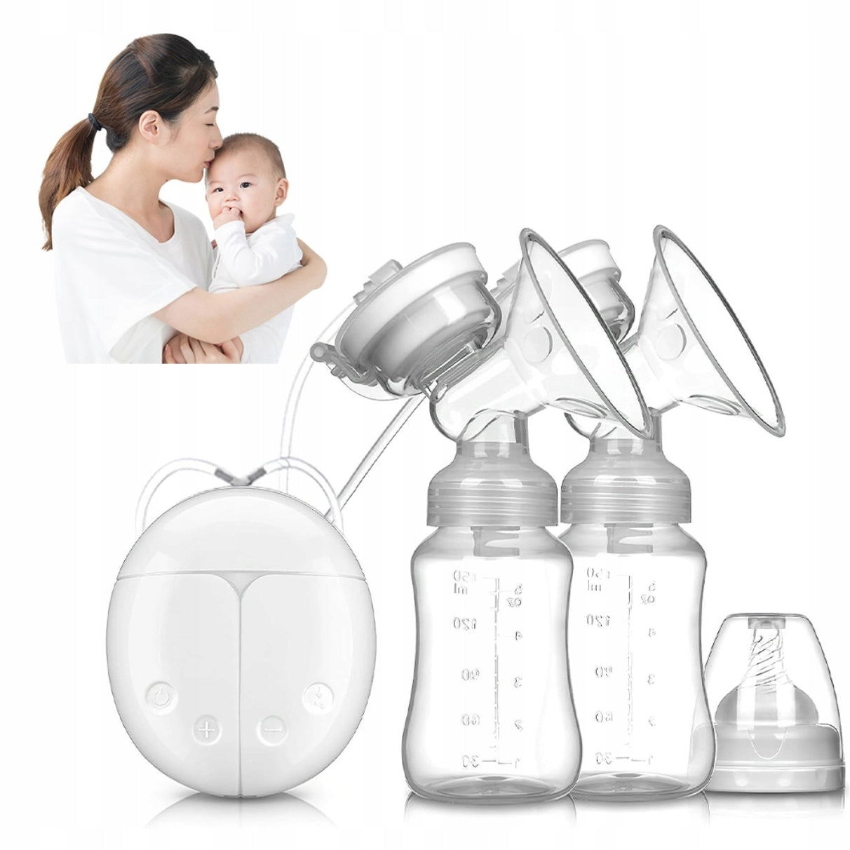 ELECTRIC BREAST PUMP DOUBLE-SIDED QUIET 2 MODES 9 LEVELS PORTABLE WHITE