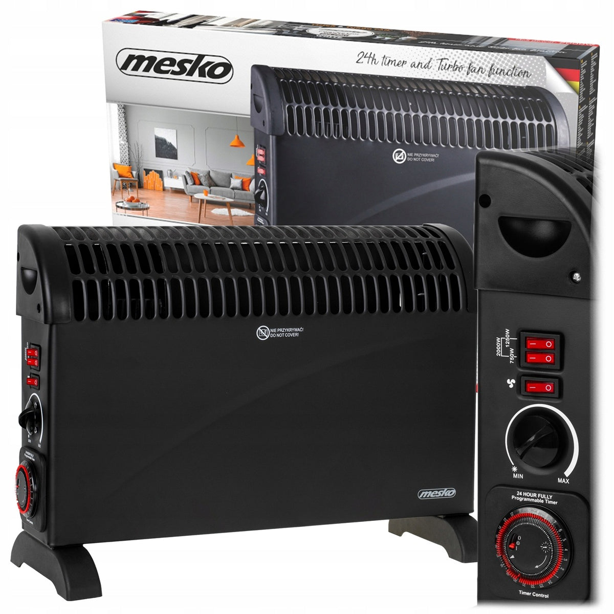 ELECTRIC CONVECTOR HEATER APRON TIMER TURBO AIR SUPPLY 2000W BLACK