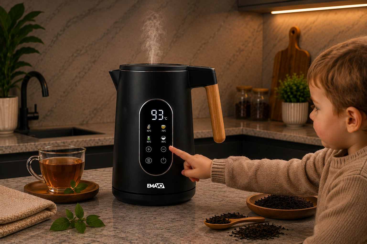 ELECTRIC CORDLESS KETTLE 1,7l 2200W BLACK TEMPERATURE CONTROL Brand Emavo